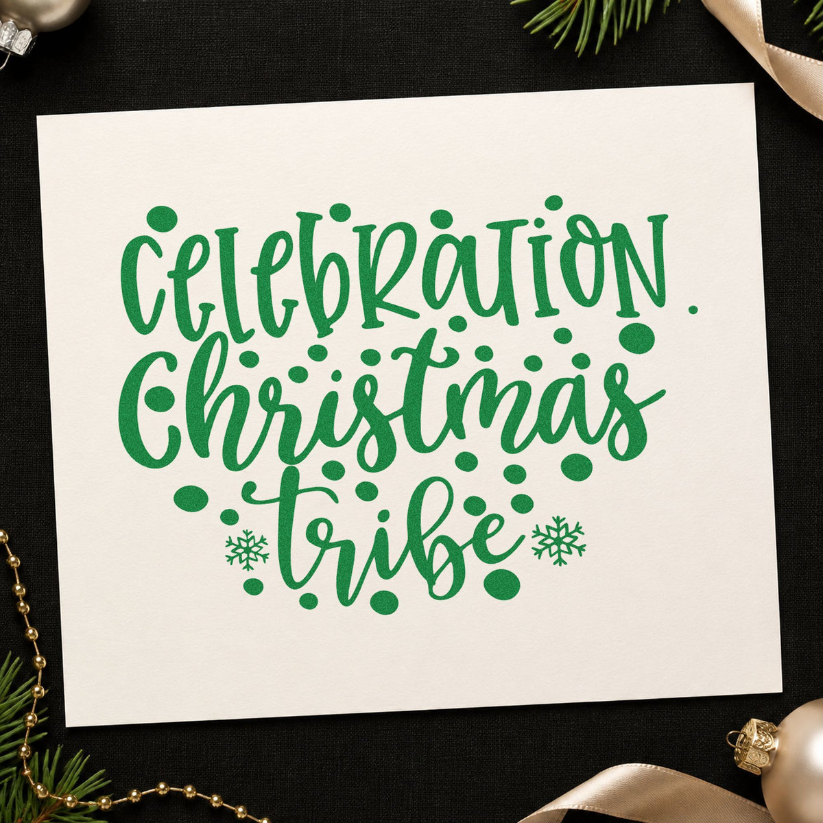 Celebration Christmas Vibes Dots craft stamp imprinted in green ink on paper, a design suited to framed dining nook.