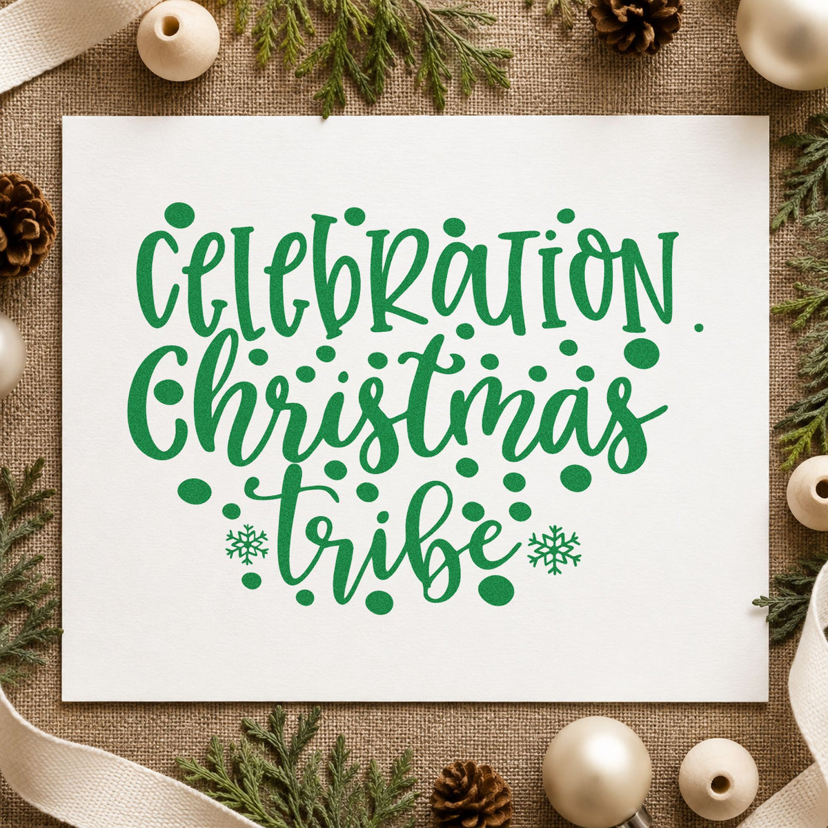 Celebration Christmas Vibes Dots craft stamp imprint in green ink on a handmade project, one idea being toast round cards.