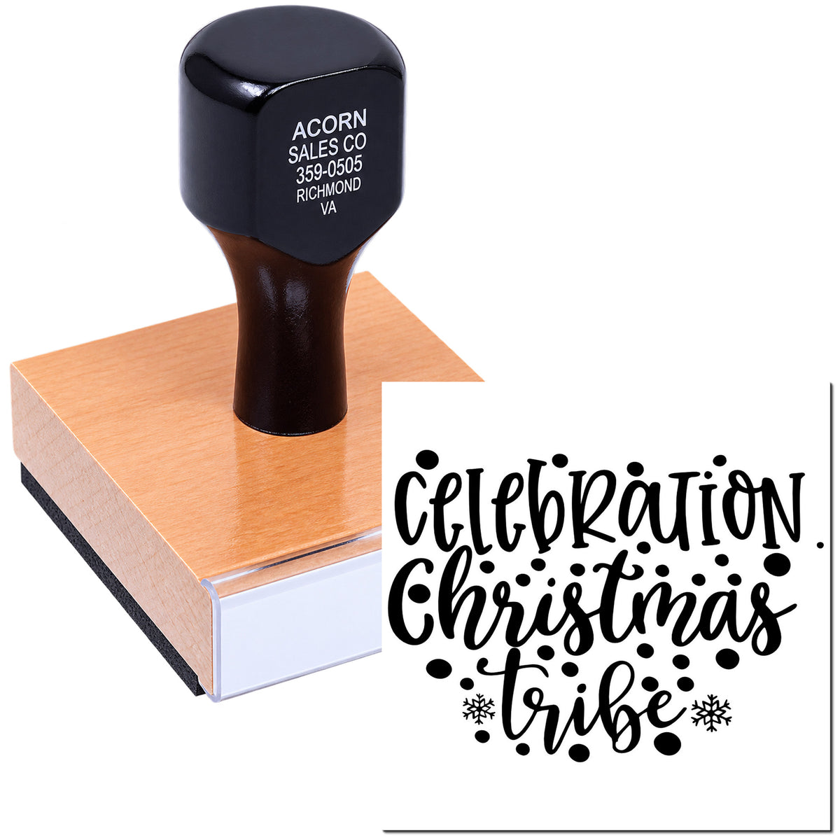 Custom wood-mounted rubber stamp with Celebration Christmas Tribe design for festive holiday cards and crafts.