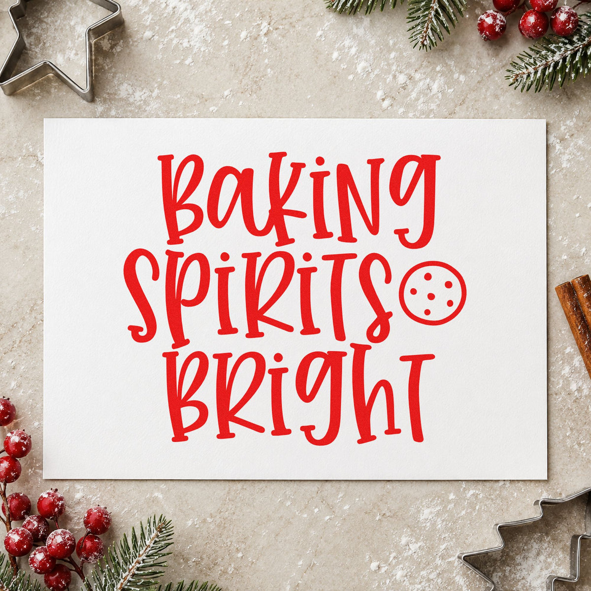 Baking Spirits Bright Cookie craft stamp in red ink on cardstock, an easy option for apron front printing.