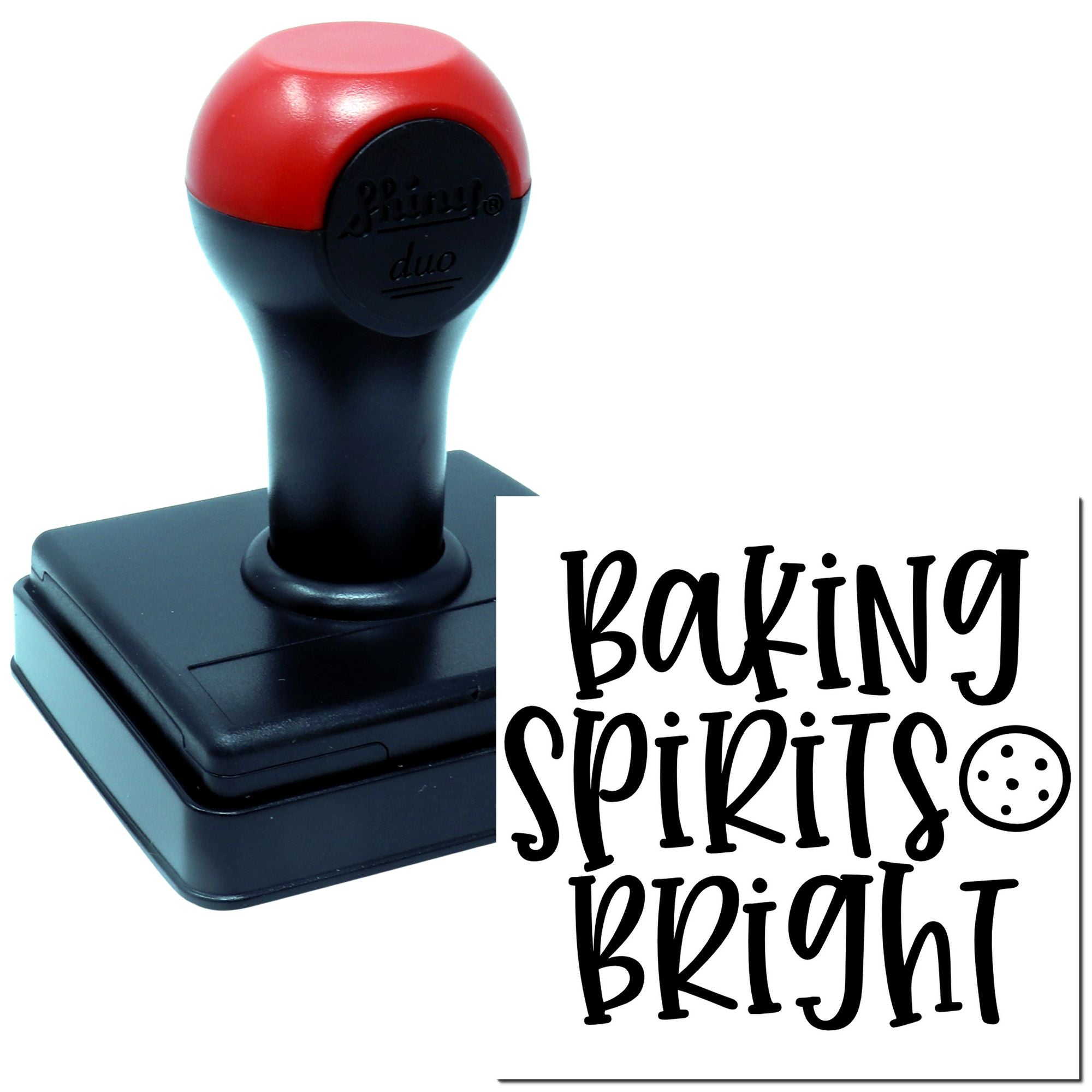 Self-inking rubber stamp with Baking Spirits Bright phrase for holiday baking labels, cards, and gift packaging.