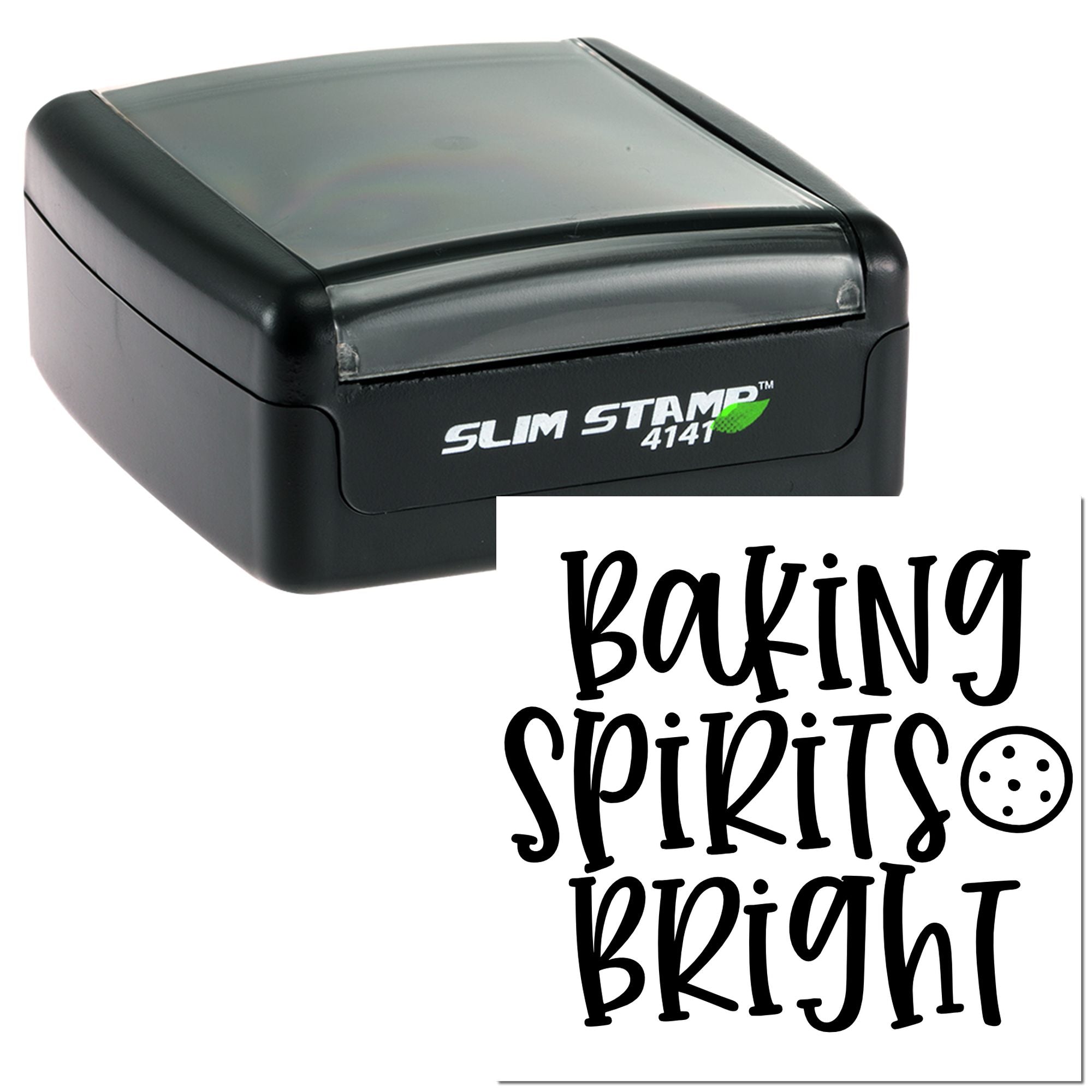 Slim self-inking rubber stamp with Baking Spirits Bright holiday phrase for custom craft or bakery use