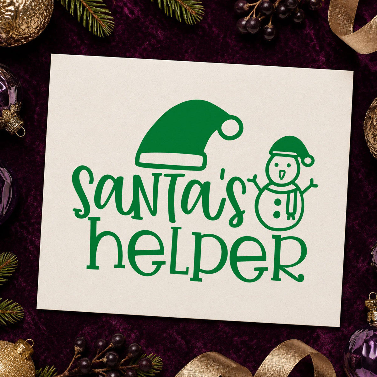 Santa's Helper Hat Snowman craft stamp imprint in green ink on a handmade project, one idea being carrot nose tags.