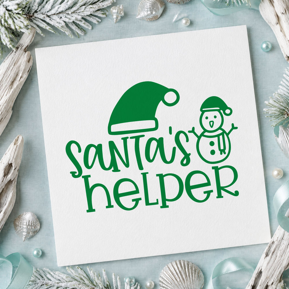 Santa's Helper Hat Snowman craft stamp imprinted in green ink on paper, a design suited to framed garage door.