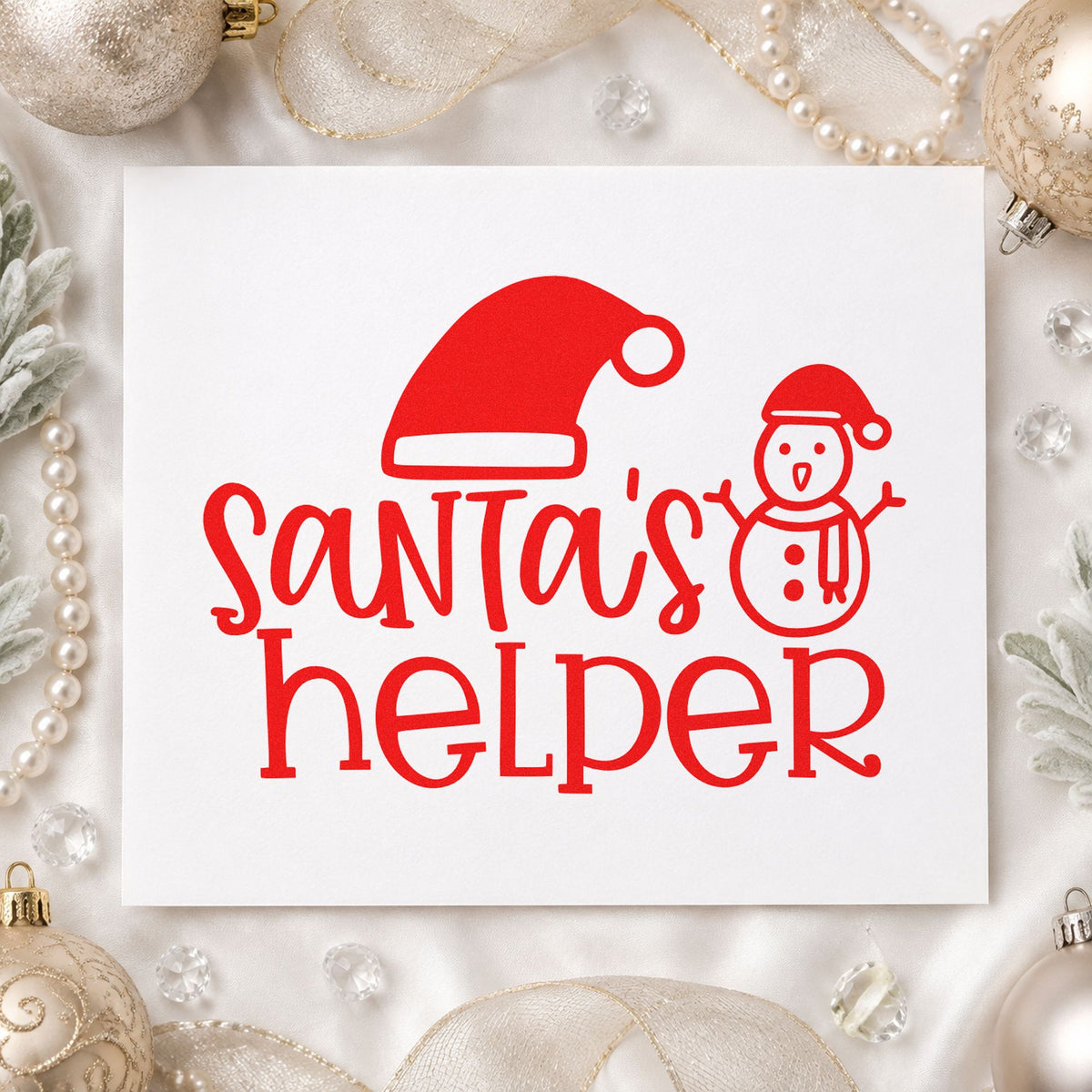 Santa's Helper Hat Snowman rubber stamp shown in red ink, stamped for projects such as gear hook labels.