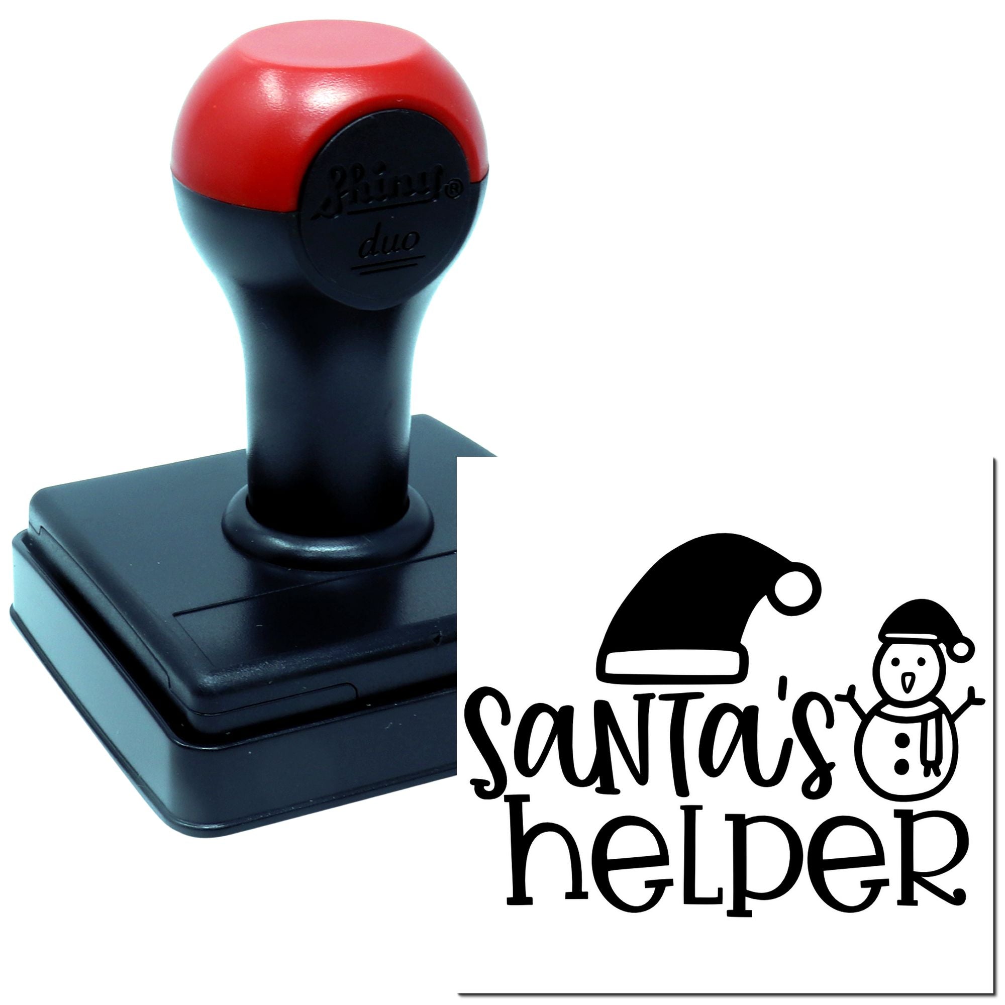 Custom self-inking rubber stamp with Santas helper holiday design for festive Christmas cards and packaging.