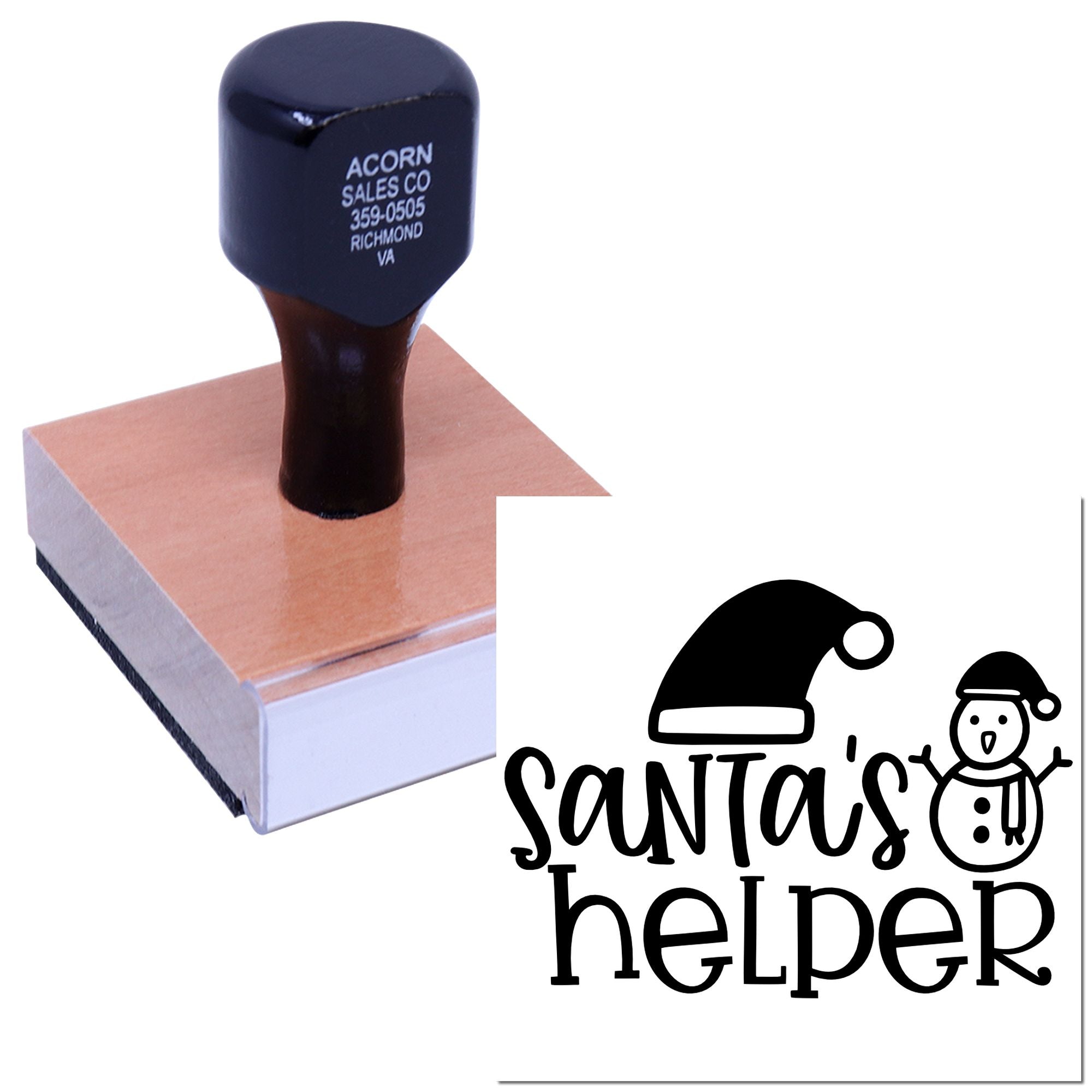 Custom rubber stamp featuring Santa's Helper logo for Christmas cards, crafts, and seasonal packaging.