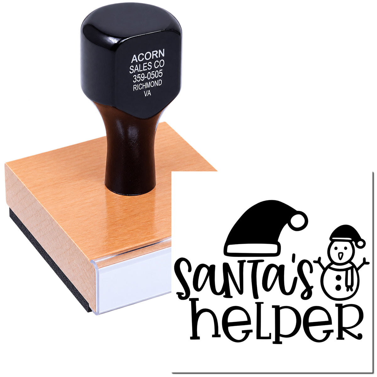 Custom rubber stamp featuring Santa's Helper logo for Christmas cards, crafts, and seasonal packaging.