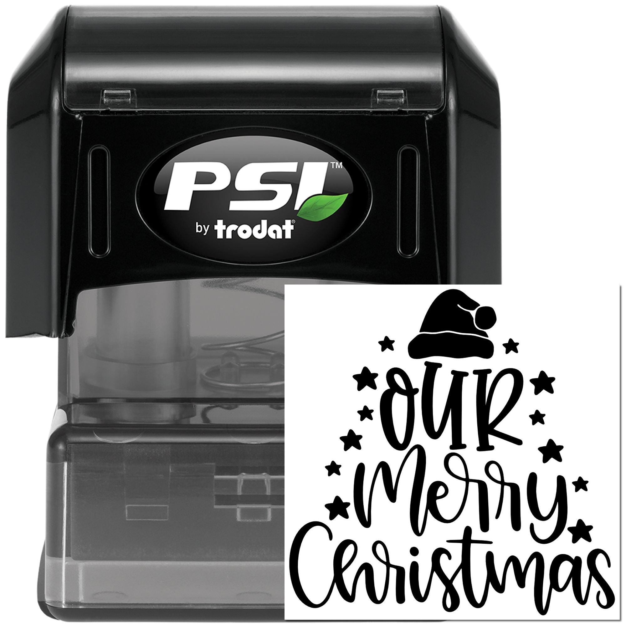 Custom self-inking Christmas rubber stamp with Santa hat and Our Merry Christmas design for holiday cards.