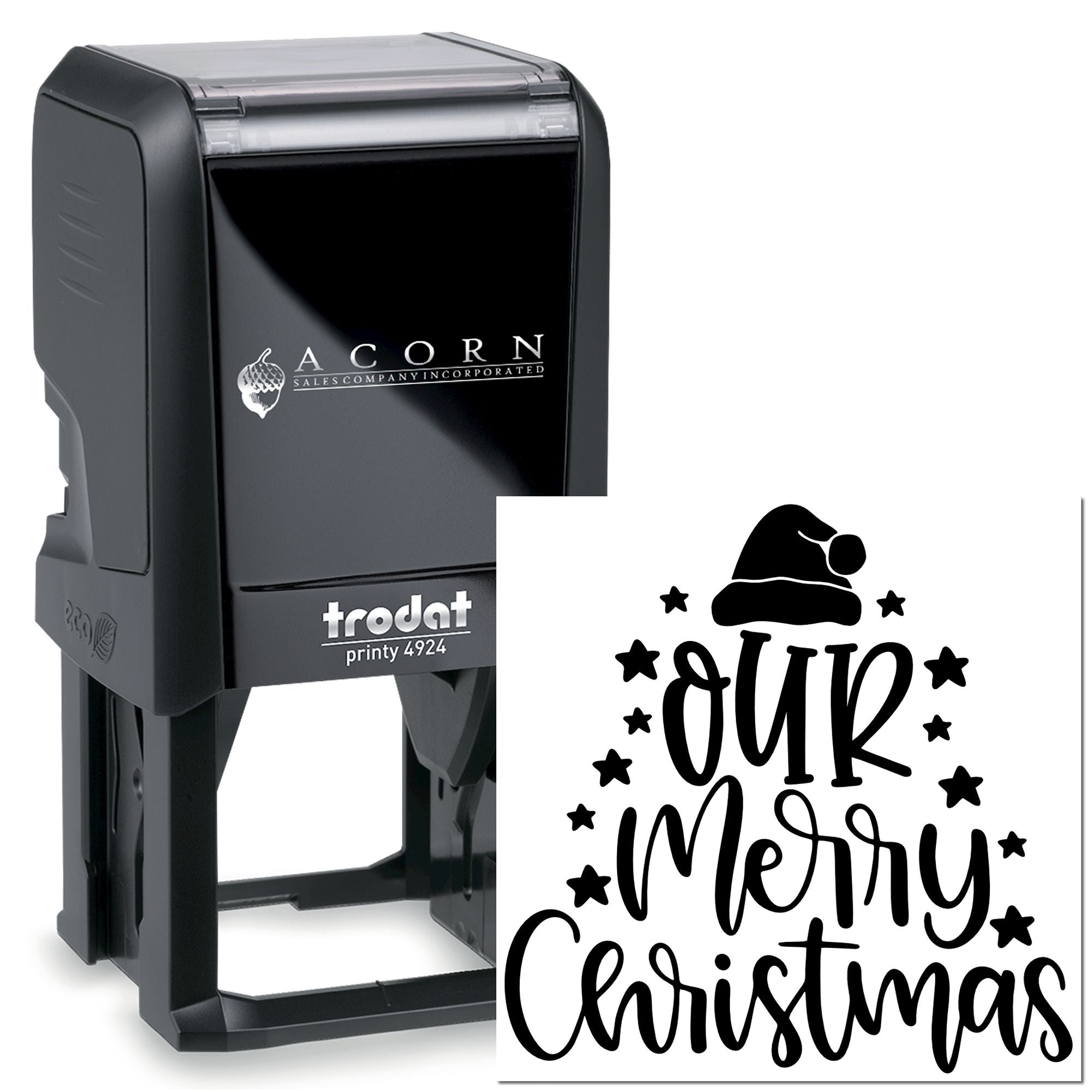 Custom self-inking Christmas rubber stamp with Our Merry Christmas design, Santa hat and stars for holiday cards.