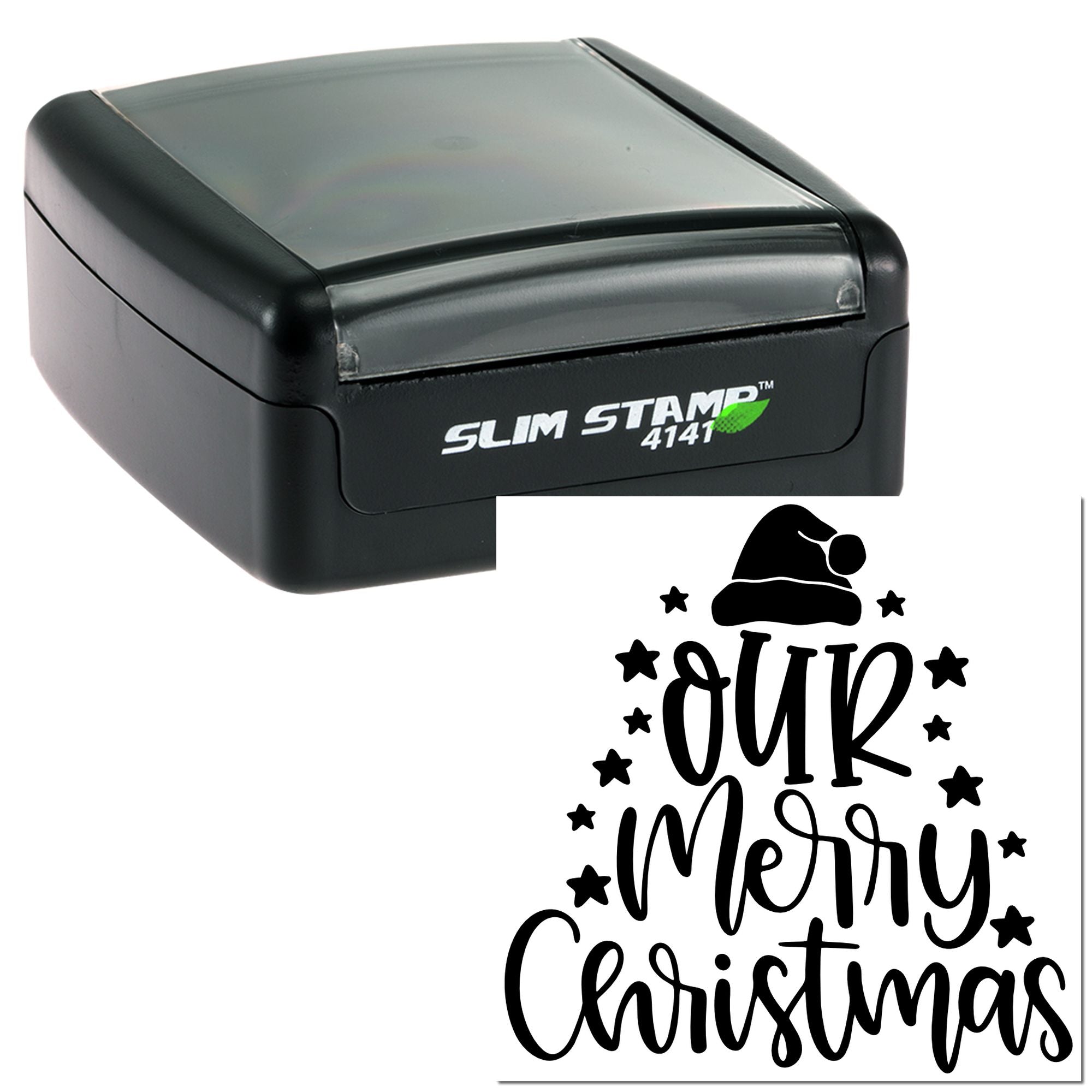Custom self-inking rubber stamp with Our Merry Christmas design for holiday cards, gifts, and festive packaging.