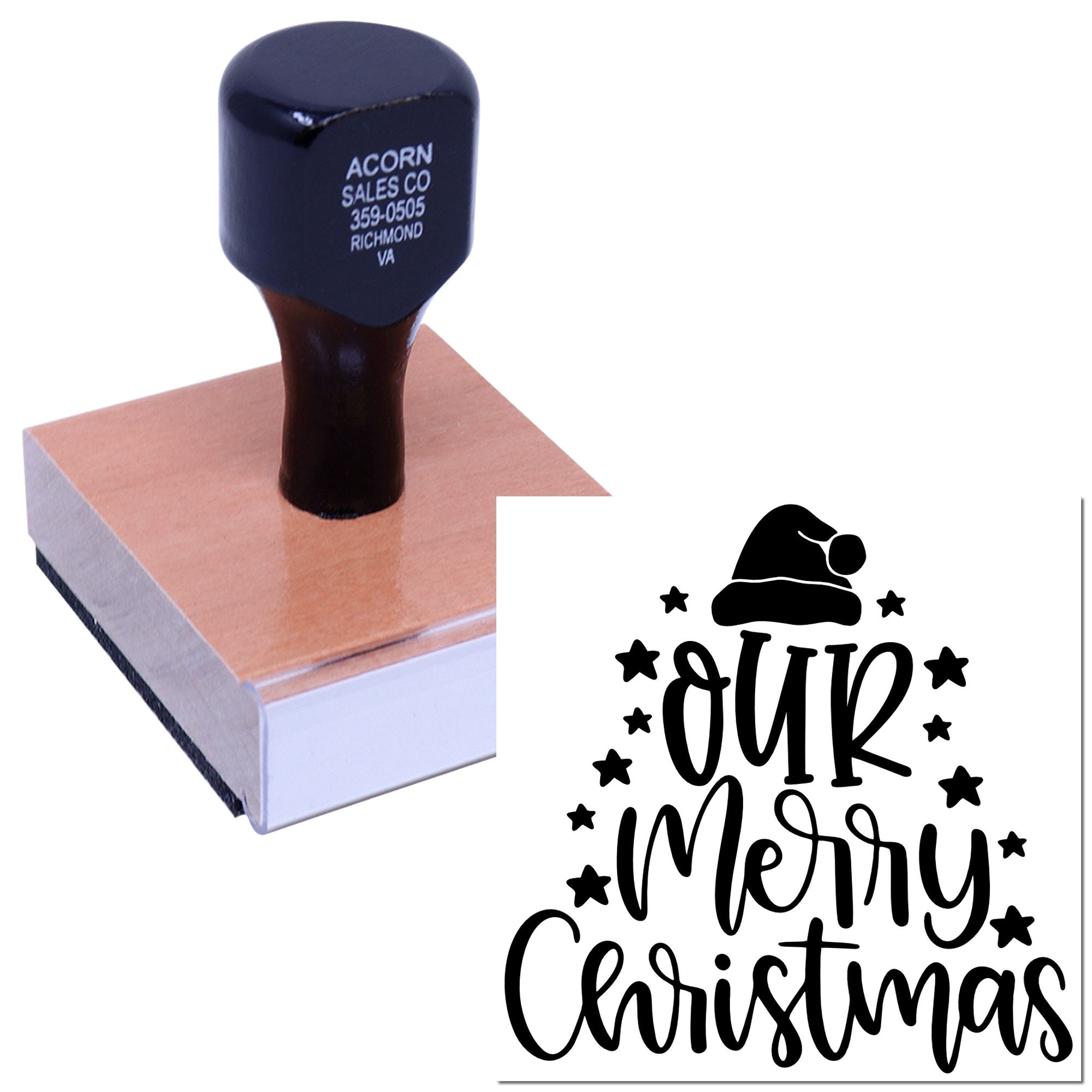 Custom Merry Christmas rubber stamp with Santa hat design for holiday cards, gift packaging, and seasonal crafts.