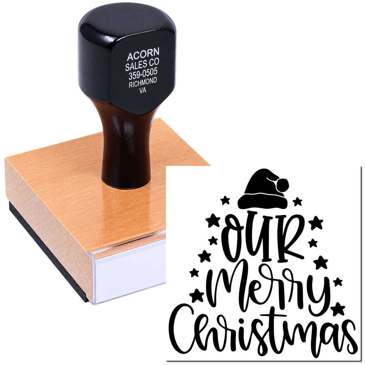 Custom Merry Christmas rubber stamp with Santa hat design for holiday cards, gift packaging, and seasonal crafts.