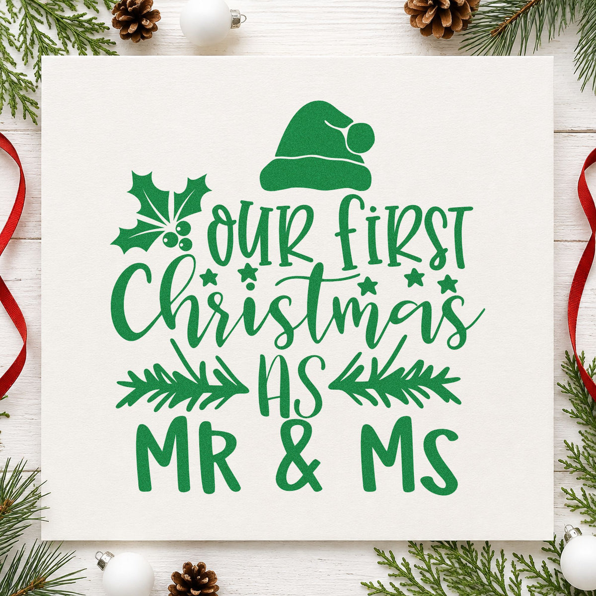 Our First Christmas Mr and Ms craft stamp imprint in green ink on a handmade project, one idea being registry item tags.
