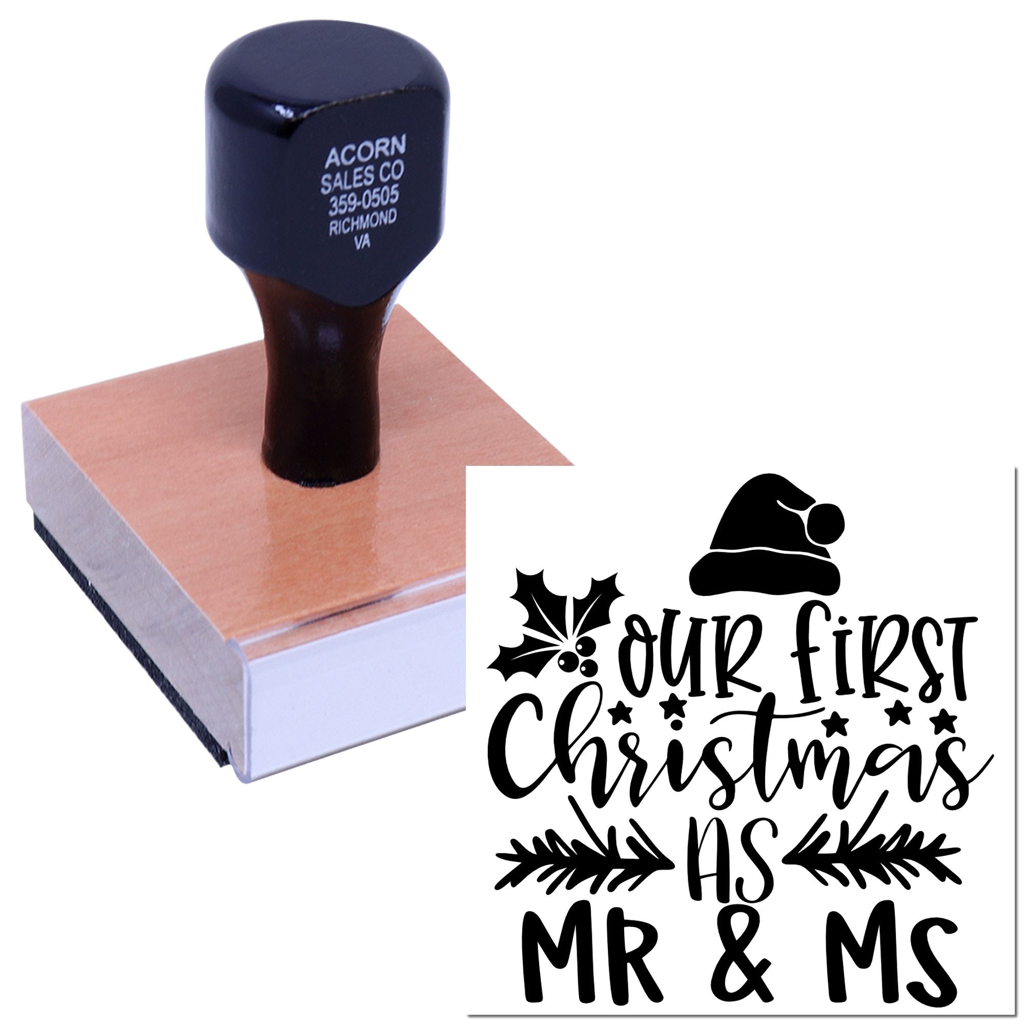 Custom rubber stamp for our first Christmas as Mr. & Ms., personalized holiday wedding stamp with festive design.