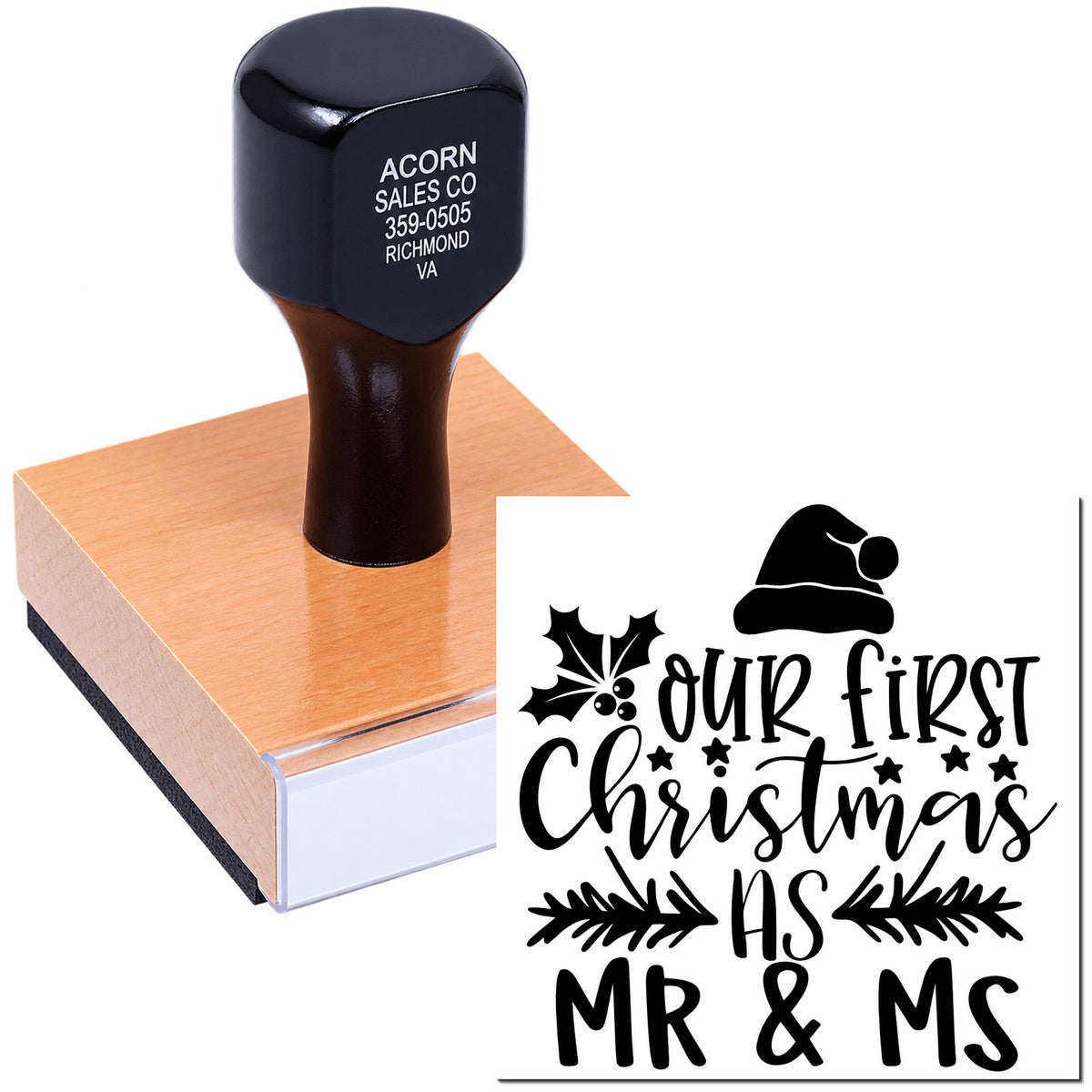 Custom rubber stamp for our first Christmas as Mr. & Ms., personalized holiday wedding stamp with festive design.