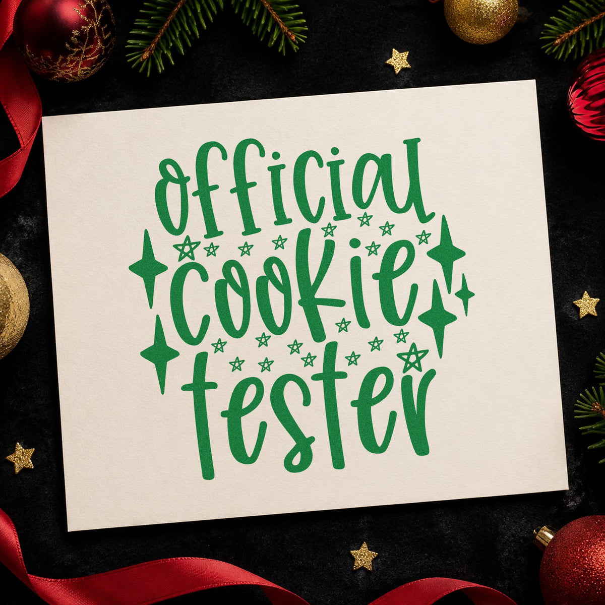 Official Cookie Tester Stars craft stamp imprinted in green ink on paper, a design suited to framed certificate wall.