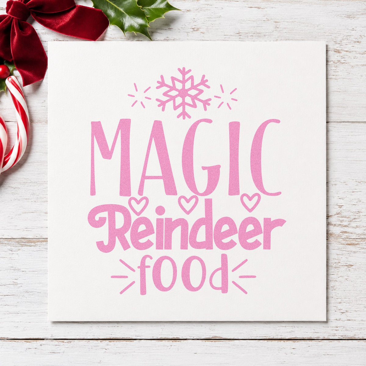Magic Reindeer Food Snowflake craft stamp in purple ink on cardstock, an easy option for eve ritual album.