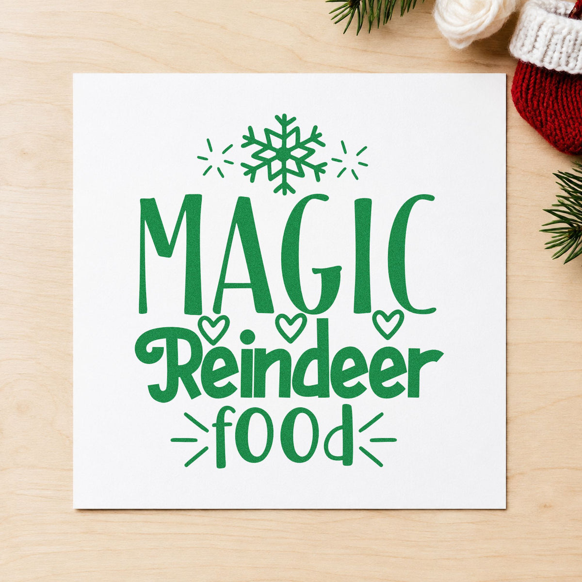 Magic Reindeer Food Snowflake craft stamp imprinted in green ink on paper, a design suited to framed back step.