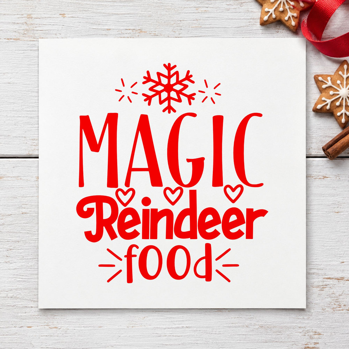 Magic Reindeer Food Snowflake rubber stamp shown in red ink, stamped for projects such as ingredient jar labels.