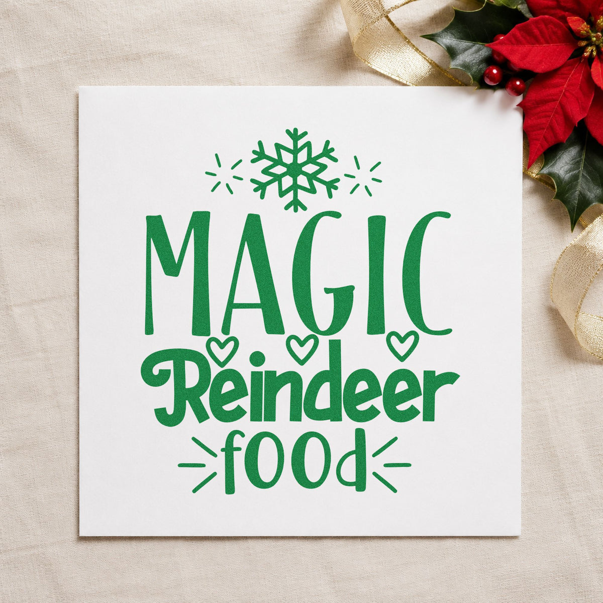 Magic Reindeer Food Snowflake craft stamp imprint in green ink on a handmade project, one idea being class handout cards.