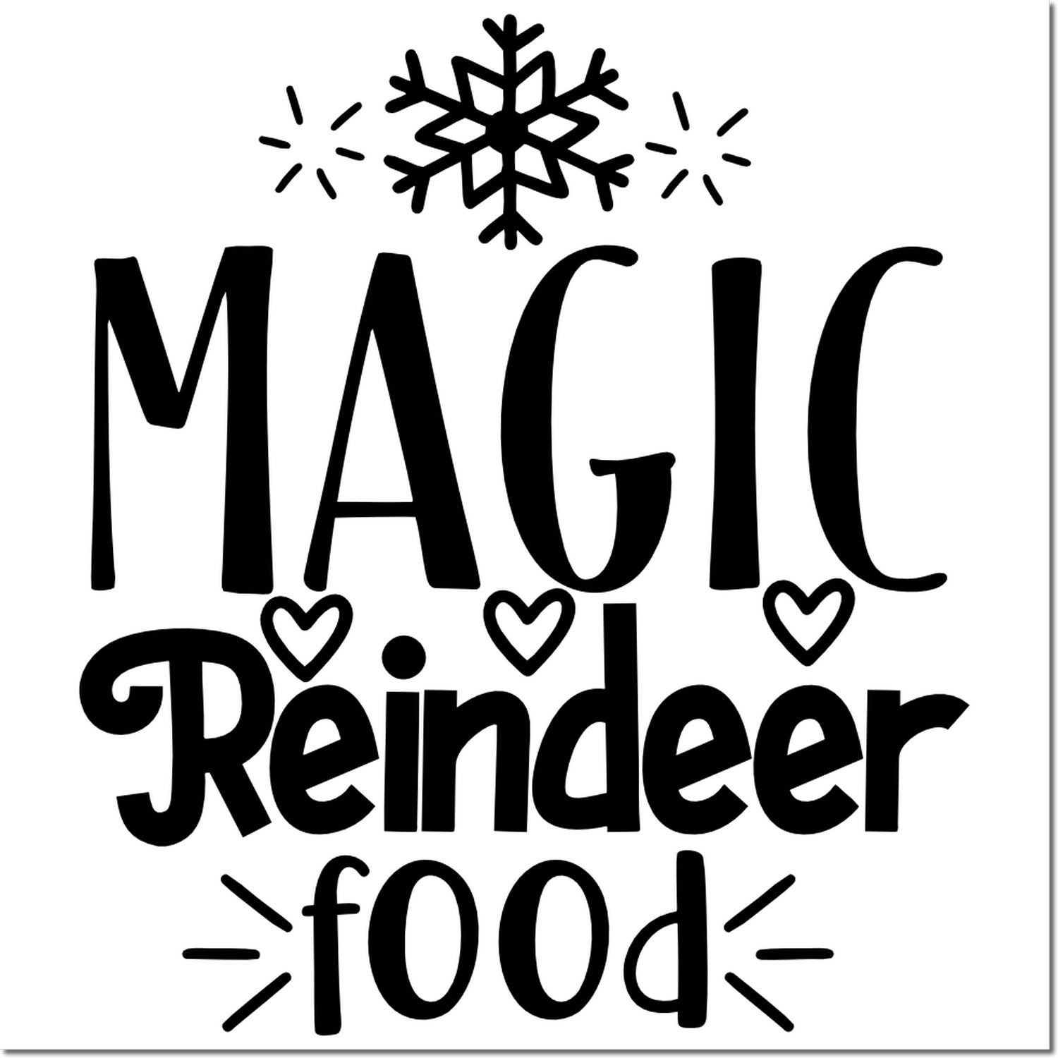 Magic Reindeer Food Christmas rubber stamp design with snowflake and hearts for holiday treat bags and gift tags.