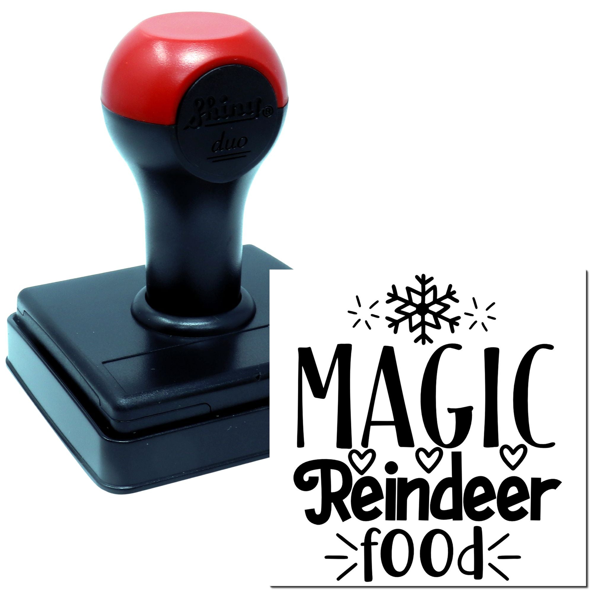 Magic Reindeer Food rubber stamp with snowflake and hearts, ideal for Christmas crafts, holiday gift tags, and festive packaging.