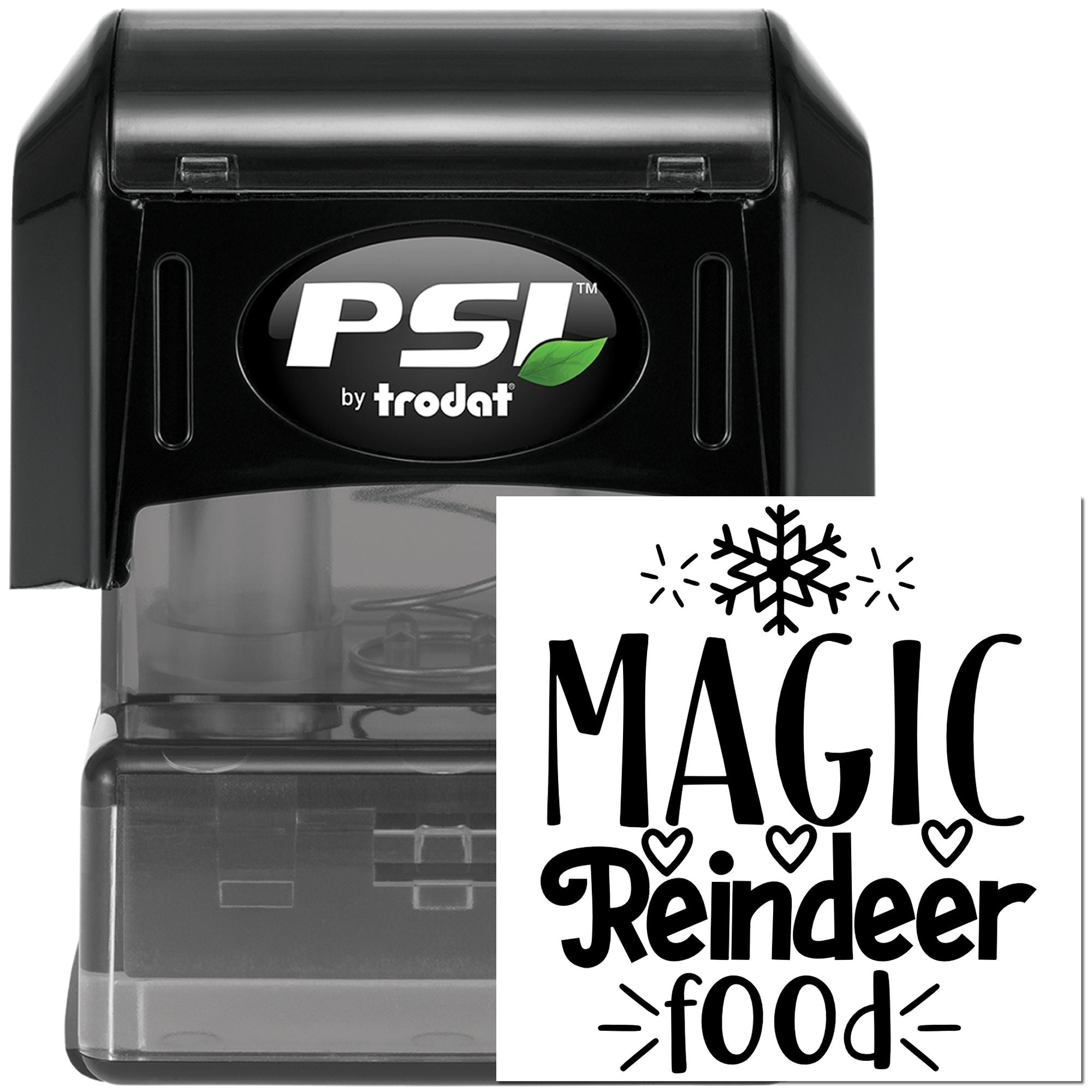 Self-inking rubber stamp by PSI Trodat featuring a Magic Reindeer Food design for Christmas craft labeling.