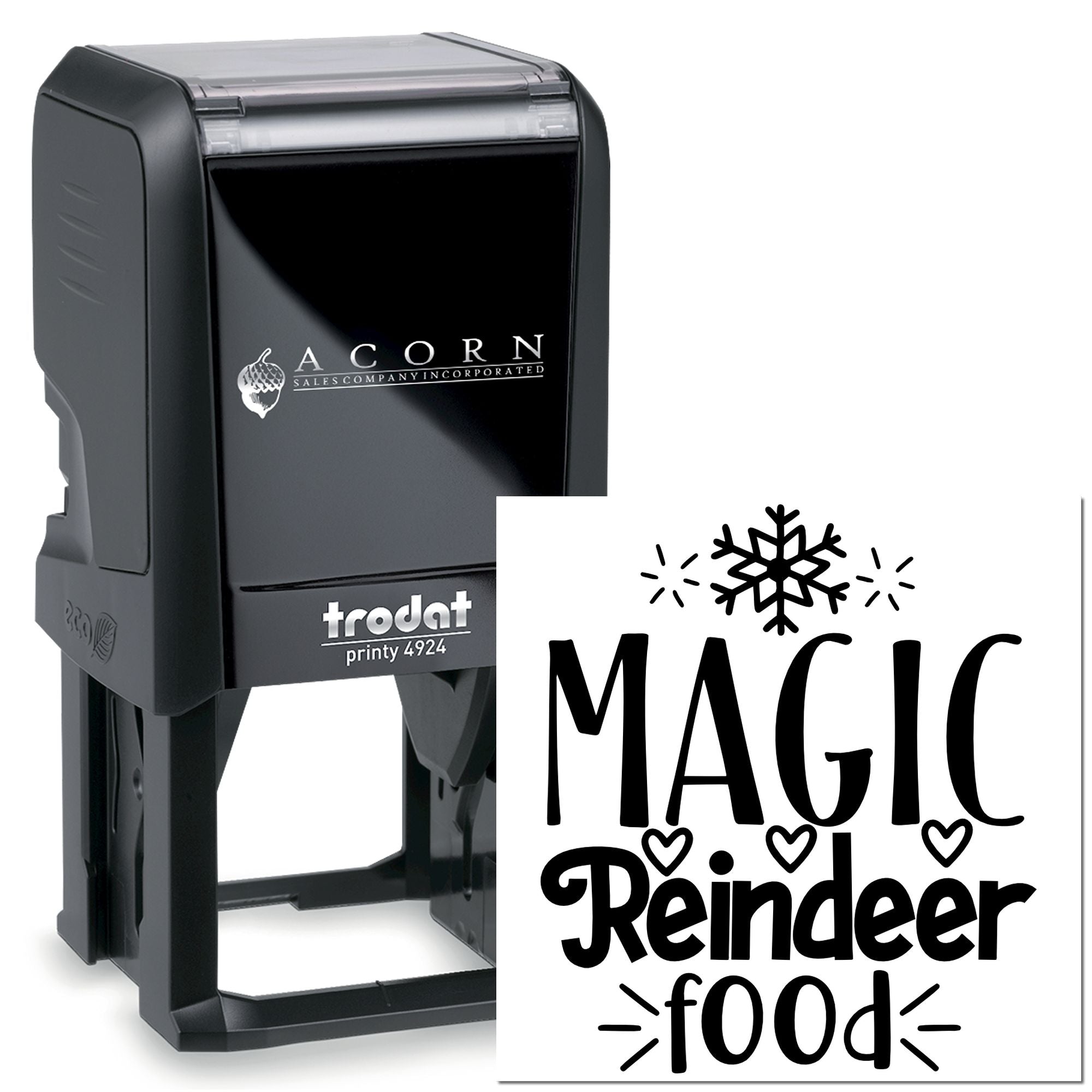 Custom self-inking rubber stamp for Magic Reindeer Food holiday treat tags, with Trodat Printy stamp and sample imprint.