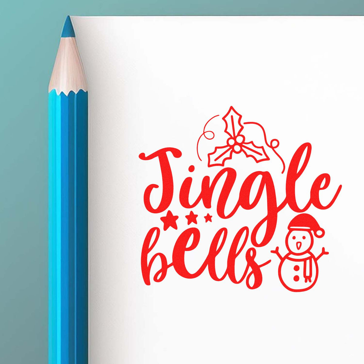Jingle Bells Holly Snowman rubber stamp shown in red ink, stamped for projects such as caroling walk album.