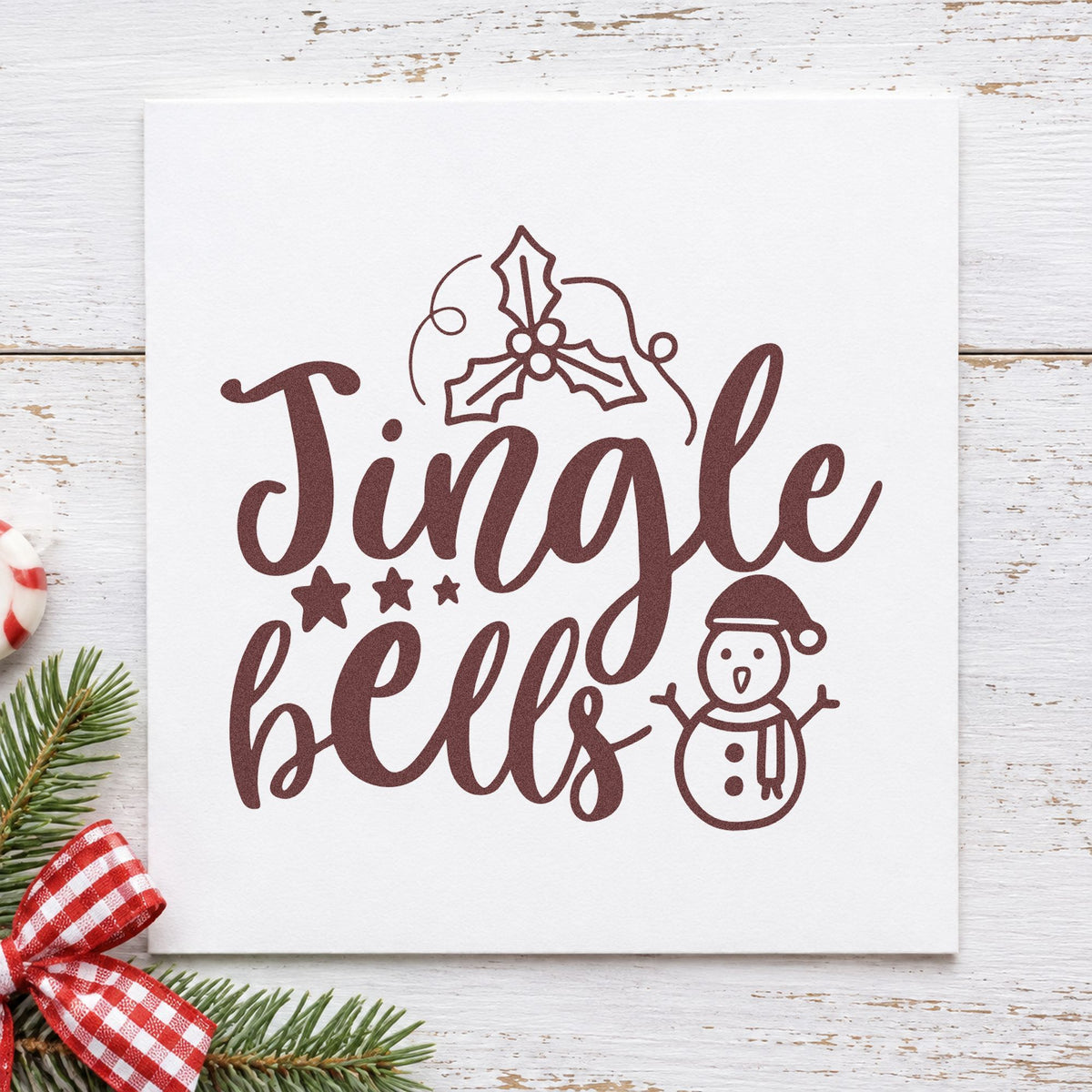 Jingle Bells Holly Snowman rubber stamp printed in brown ink, ready for route order sheet and similar paper crafts.