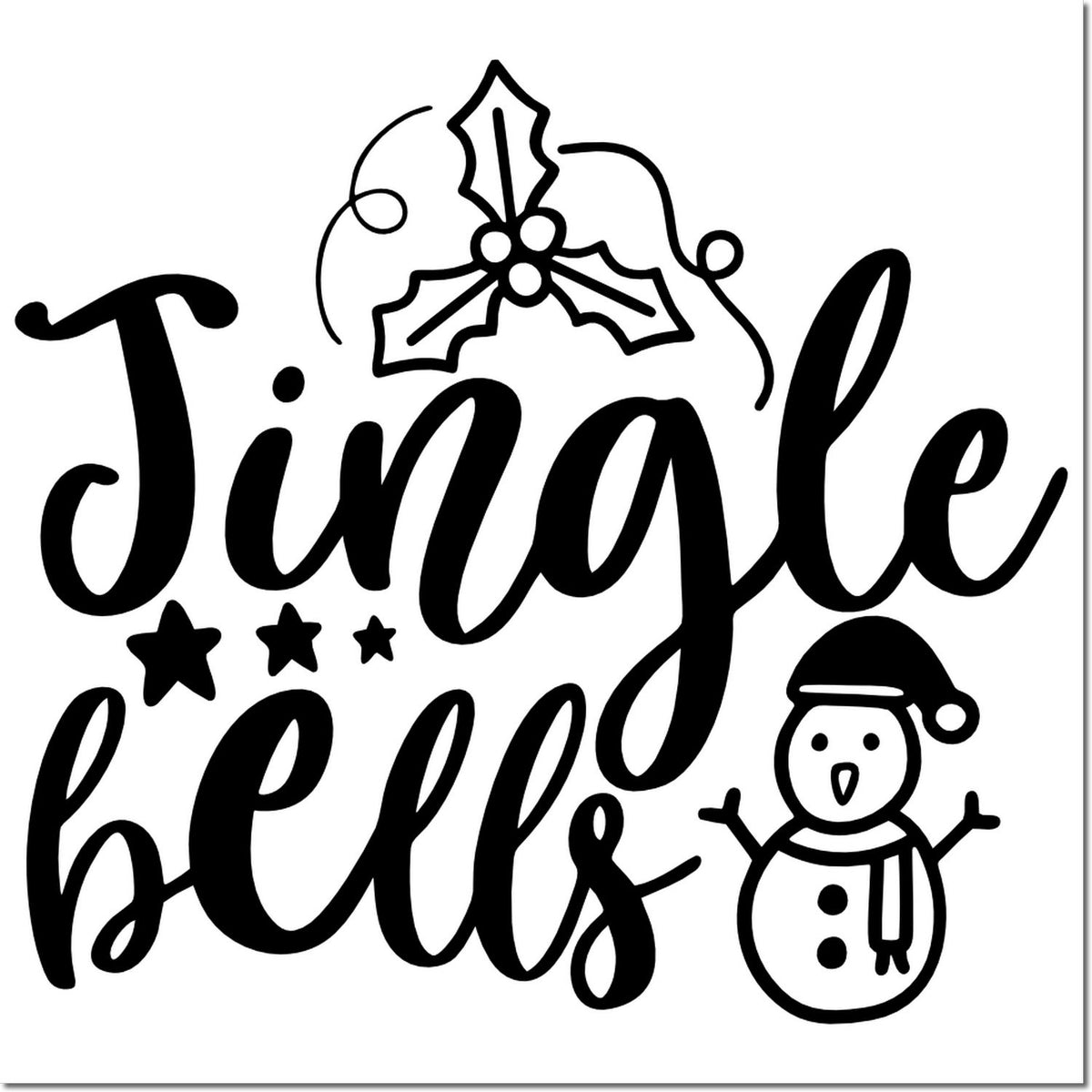 Jingle Bells Christmas rubber stamp design with holly, stars, and snowman for holiday card making and festive crafts.