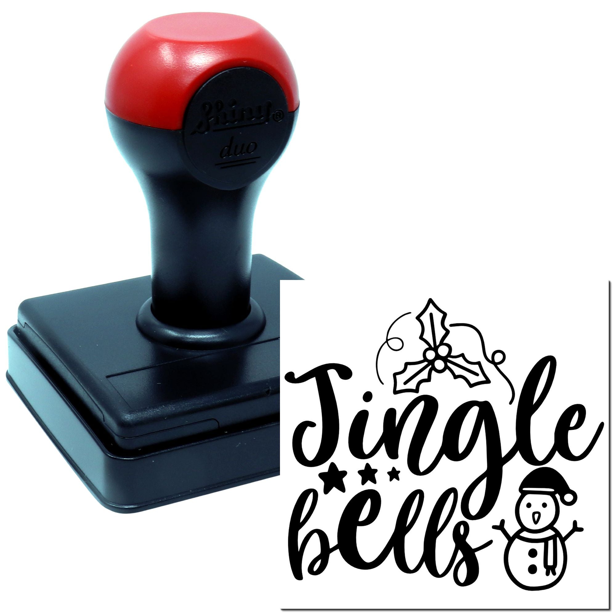 Custom self-inking Christmas rubber stamp with Jingle Bells design, holly, stars and snowman for holiday cards