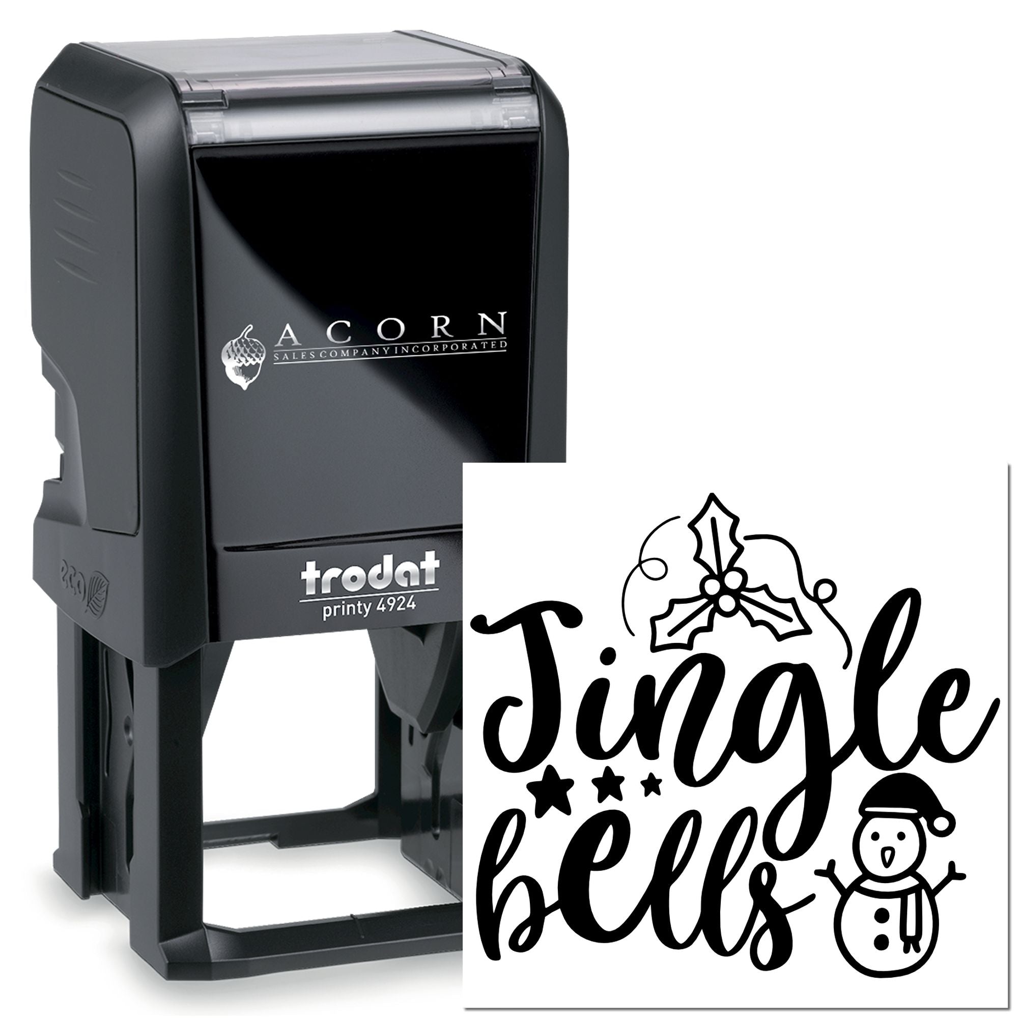 Trodat Printy self-inking rubber stamp with custom Christmas Jingle Bells imprint for festive business branding.