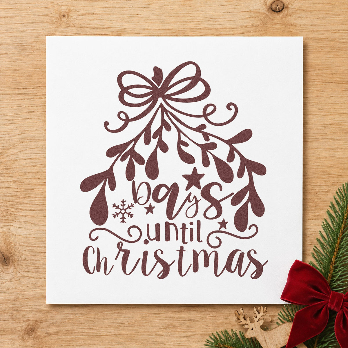Days Until Christmas Mistletoe rubber stamp printed in brown ink, ready for days left sheet and similar paper crafts.