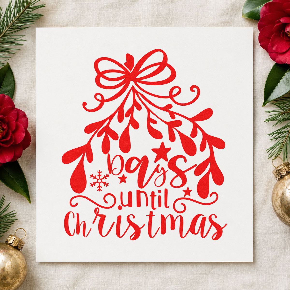 Days Until Christmas Mistletoe rubber stamp shown in red ink, stamped for projects such as advent pocket labels.