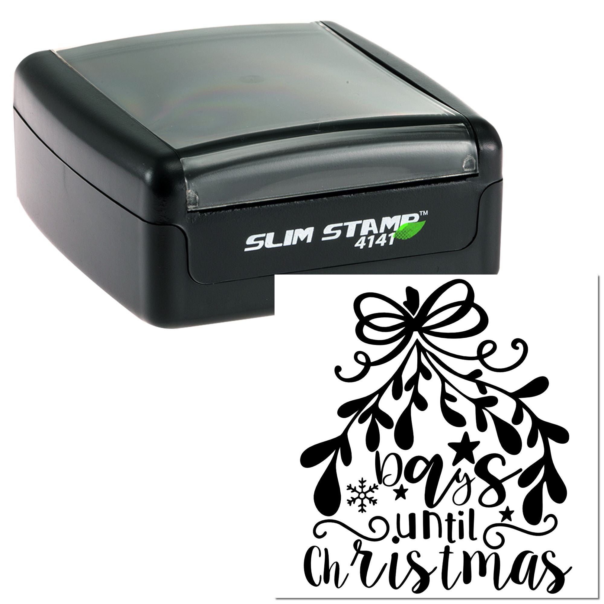 Slim self-inking rubber stamp with days until Christmas holiday countdown design for festive card and craft stamping.