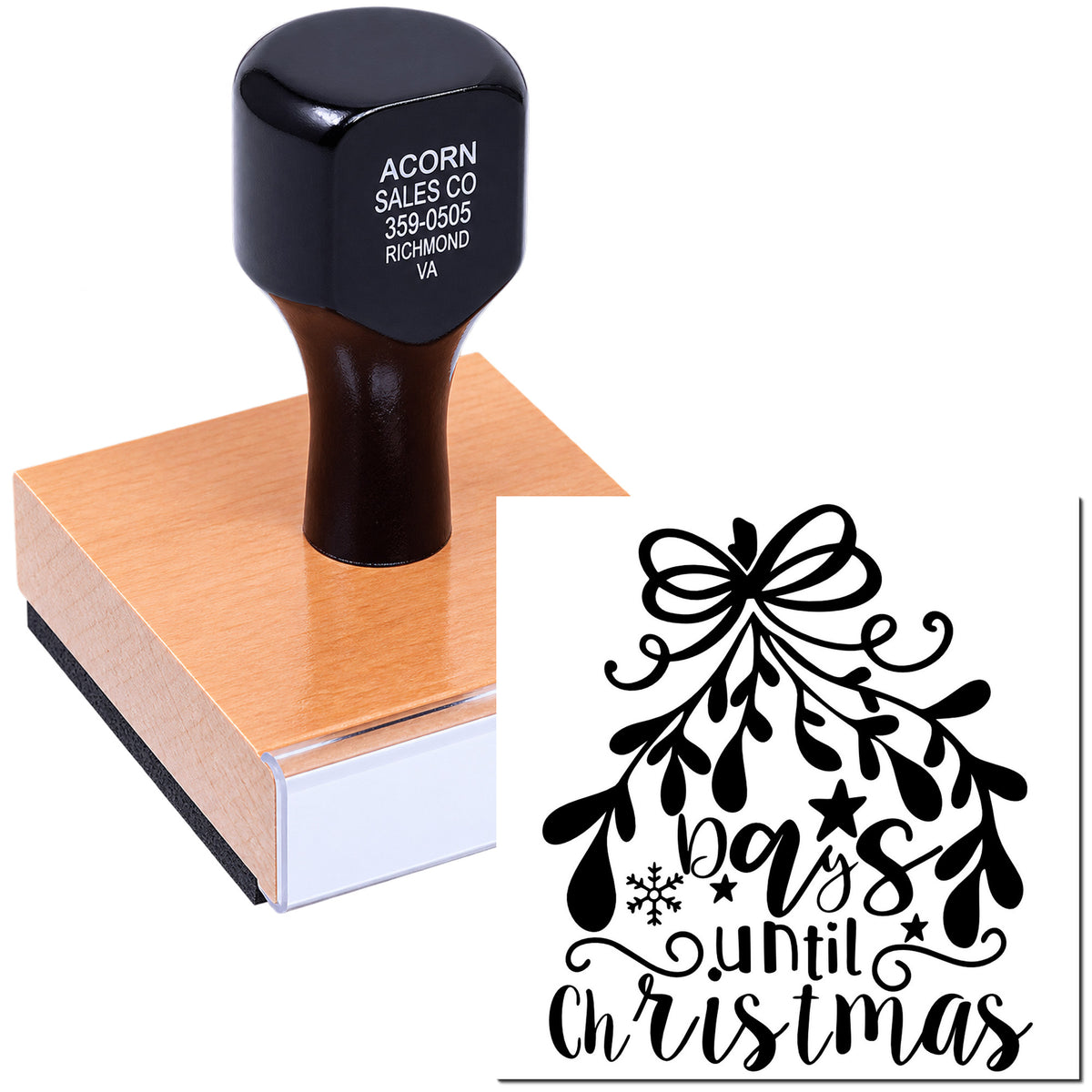 Custom Christmas countdown rubber stamp with decorative Days Until Christmas design for cards, crafts, and holiday packaging.