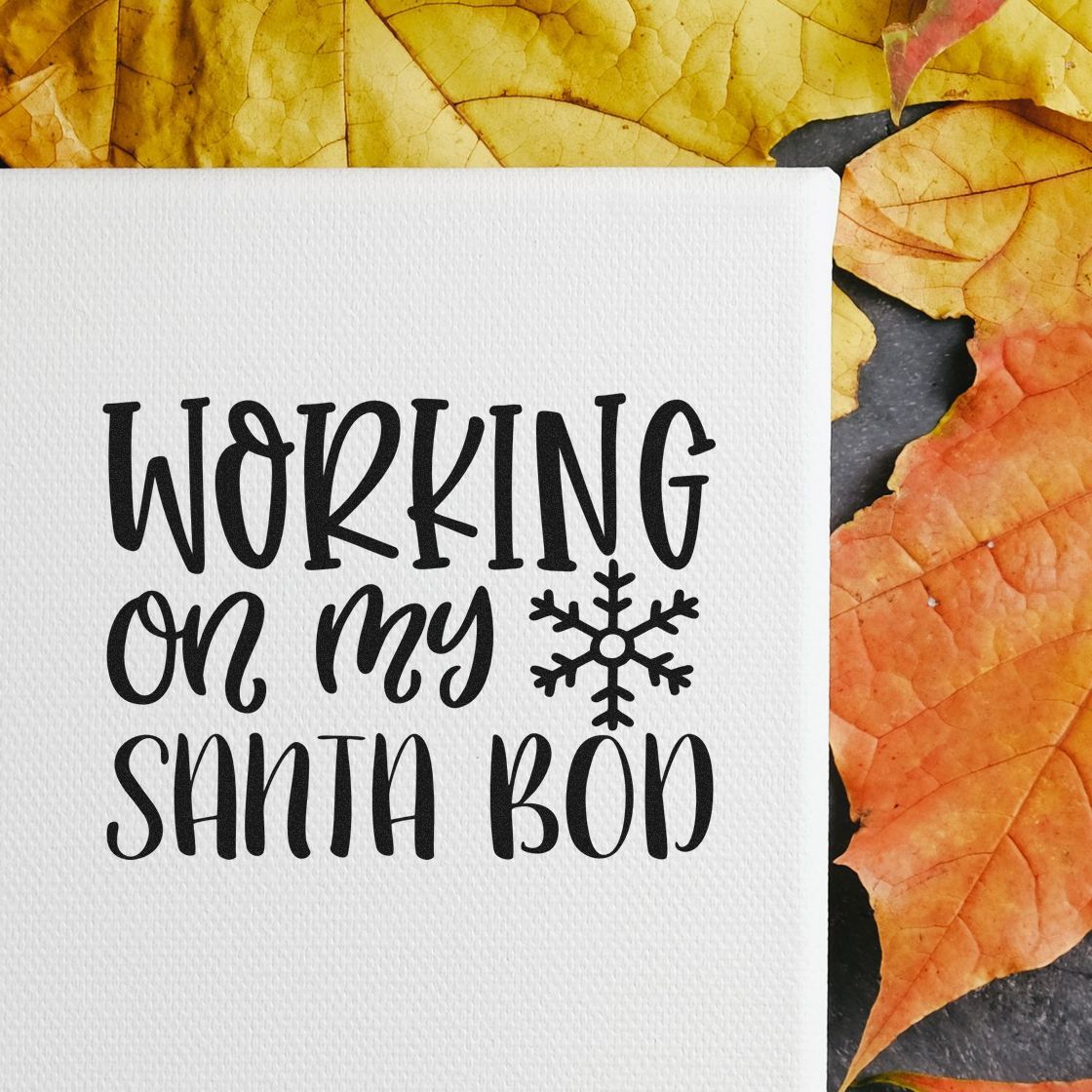 Working On My Santa Bod Premium Wood-Mounted Stamp - Vintage Pro imprint stamped in black ink. The phrase "Working on my Santa bod" includes a large snowflake.