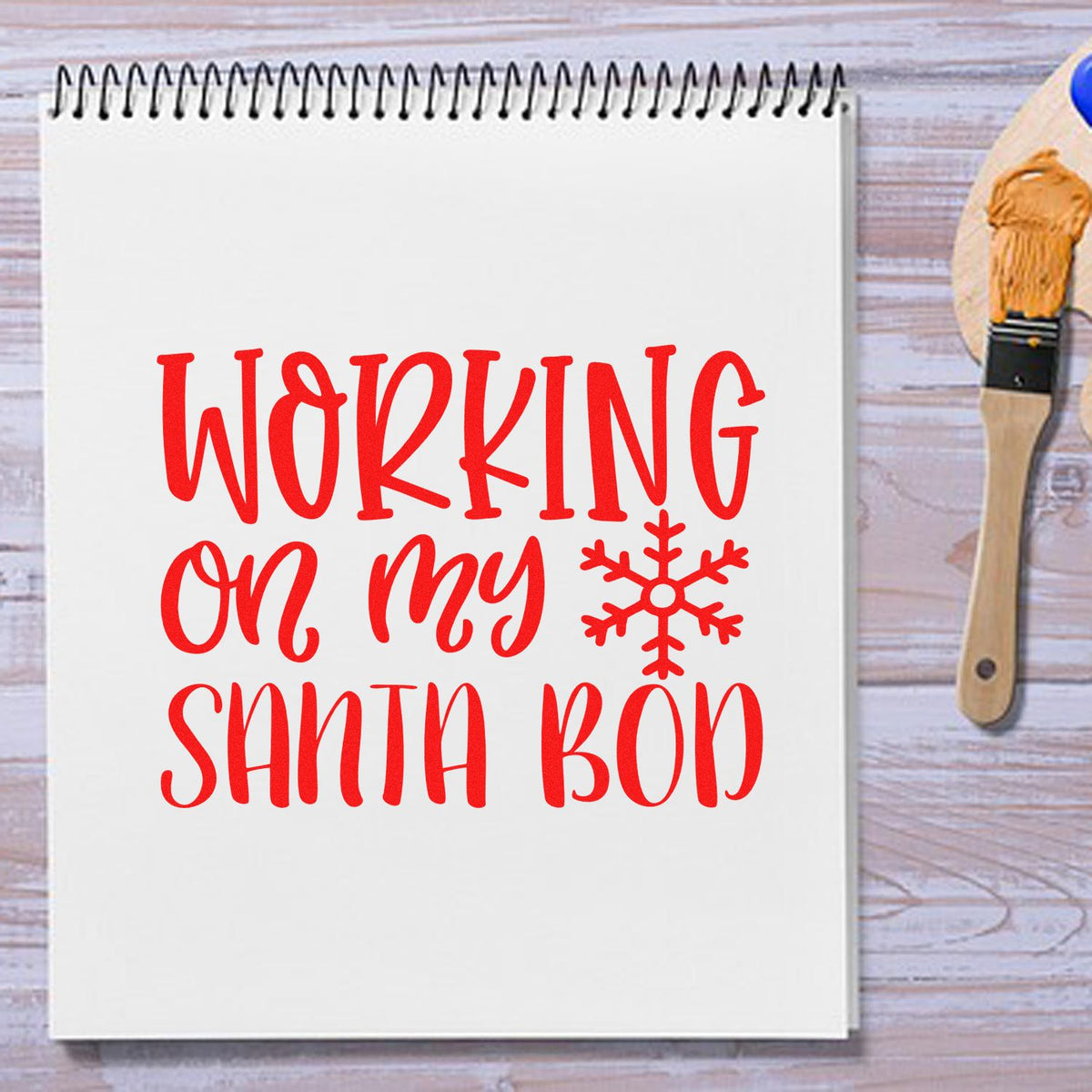 Working On My Santa Bod rubber stamp shown in red ink, stamped for projects such as comfort food album.