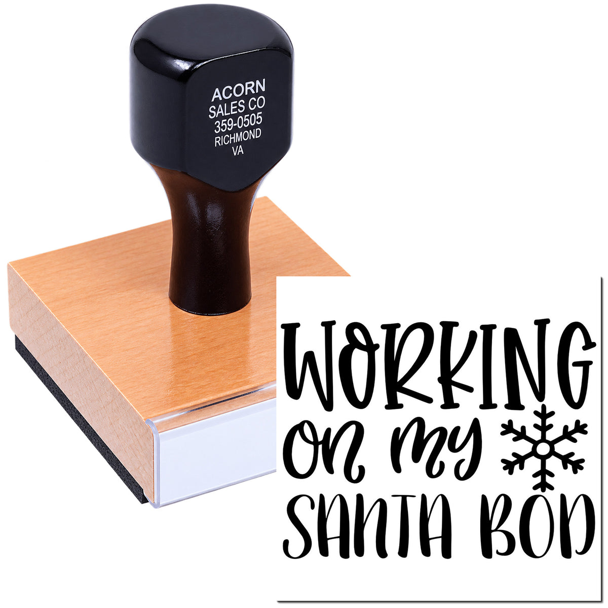 Holiday rubber stamp showing Working on My Santa Bod with snowflake for festive cards, crafts, and gift packaging.
