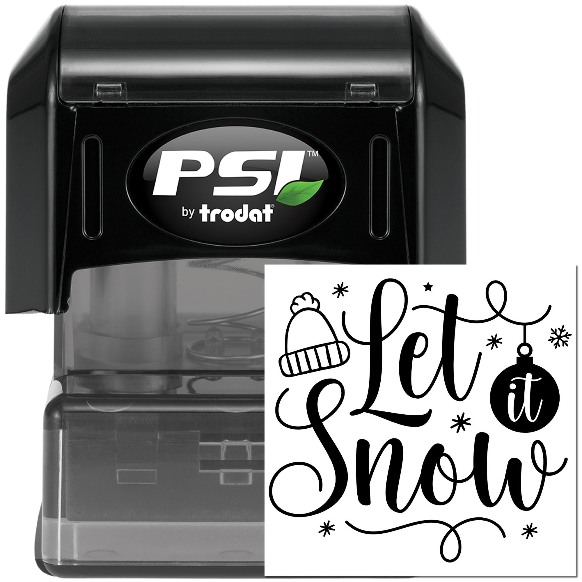 PSI by Trodat self-inking rubber stamp with Let it Snow holiday design for winter cards, crafts, and seasonal packaging.