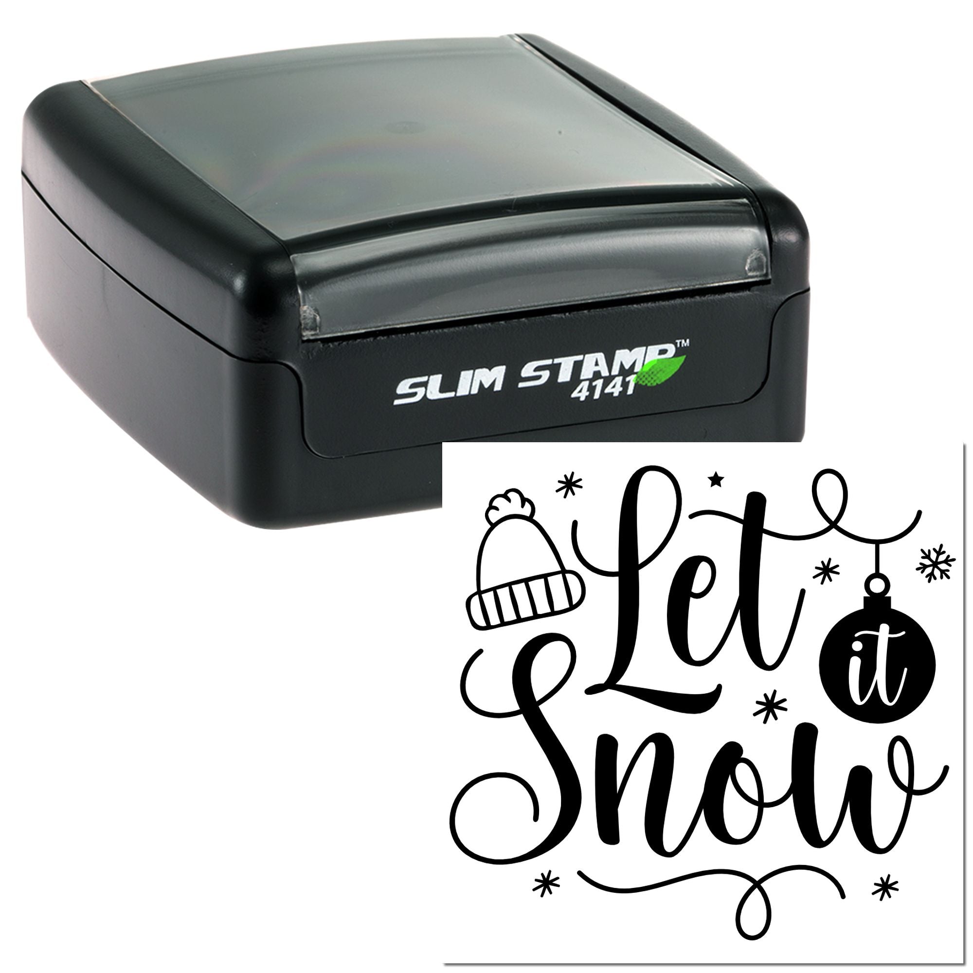 Self-inking rubber stamp with Let It Snow winter holiday design for festive cards, crafts, and seasonal packaging.