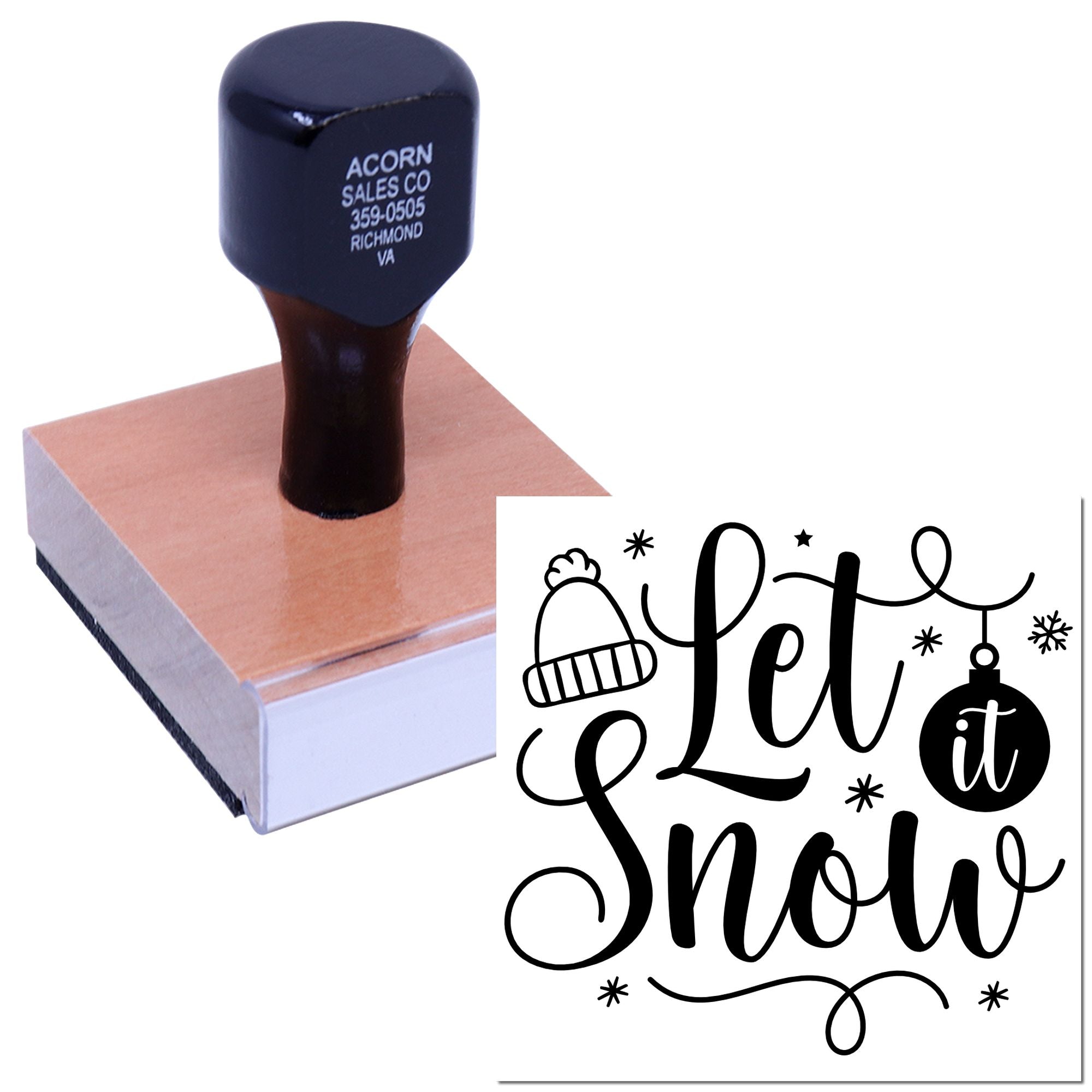 Let It Snow rubber stamp with winter hat and ornament design for holiday cards, crafts, and seasonal packaging.