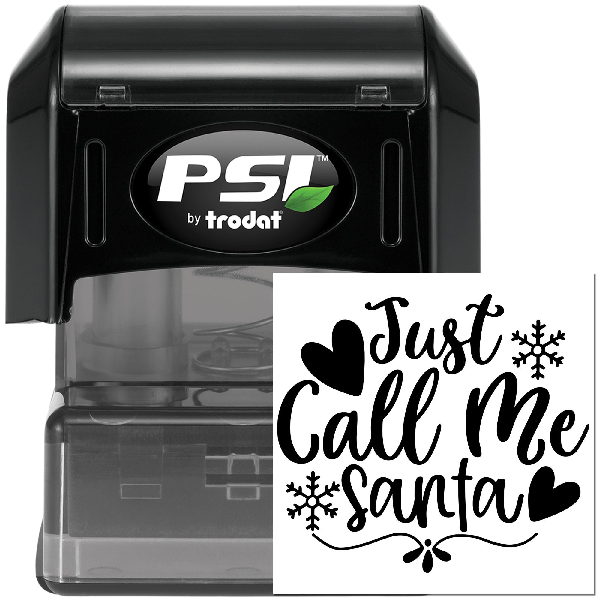 Custom self-inking rubber stamp with Just Call Me Santa design for Christmas cards, gift tags, and holiday packaging.