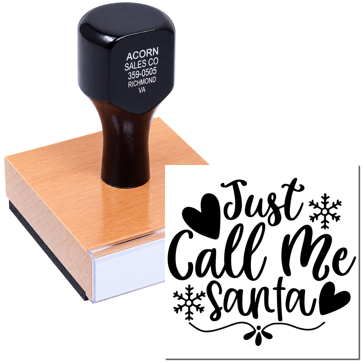 Custom rubber stamp with Just Call Me Santa holiday design for Christmas cards, crafts and festive packaging.