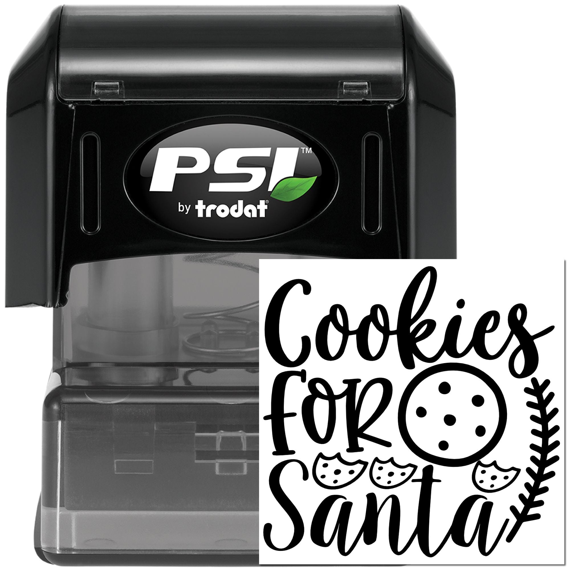 Self-inking rubber stamp with Cookies for Santa design for holiday baking, cookie boxes, and festive packaging.