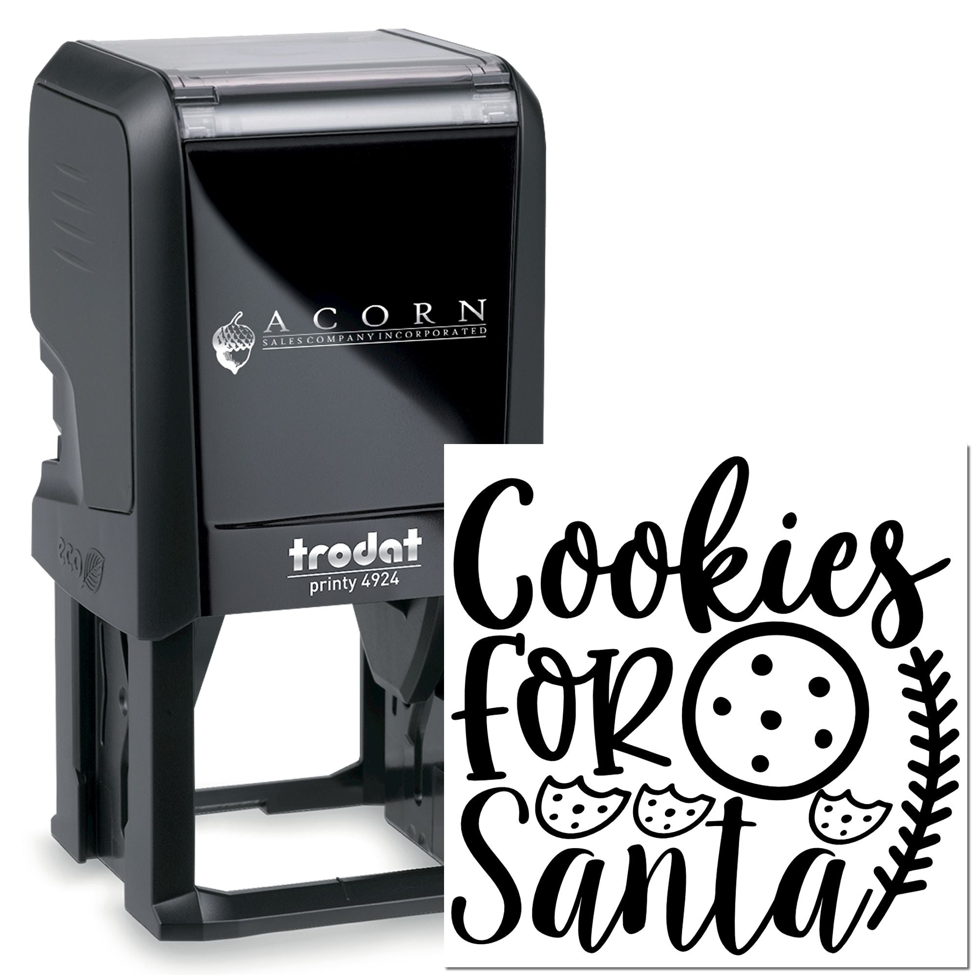 Custom rubber stamp with self-inking Trodat Printy and Cookies for Santa design for holiday baking and packaging.