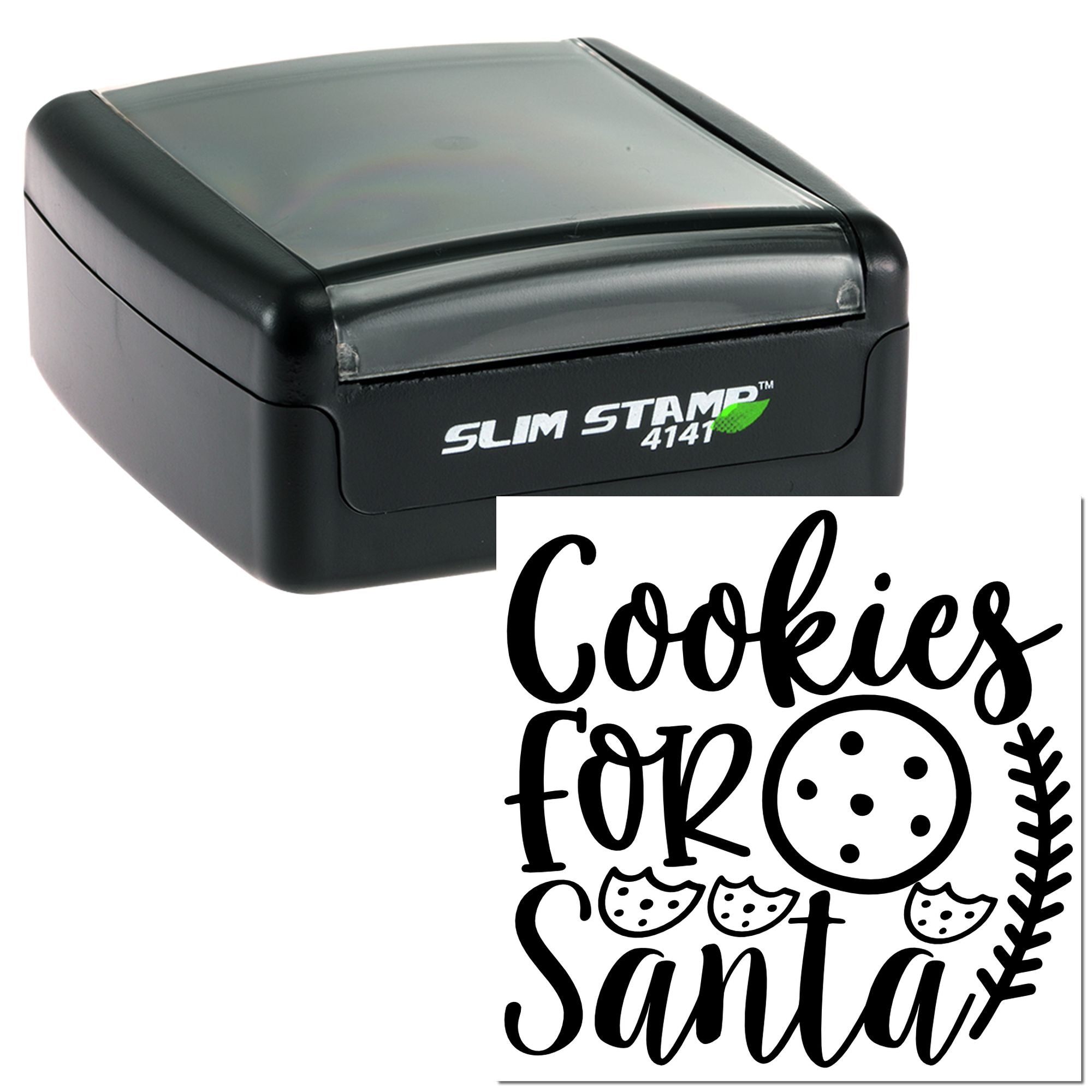 Slim self-inking rubber stamp with Cookies for Santa design for holiday cookie packaging and Christmas crafts.