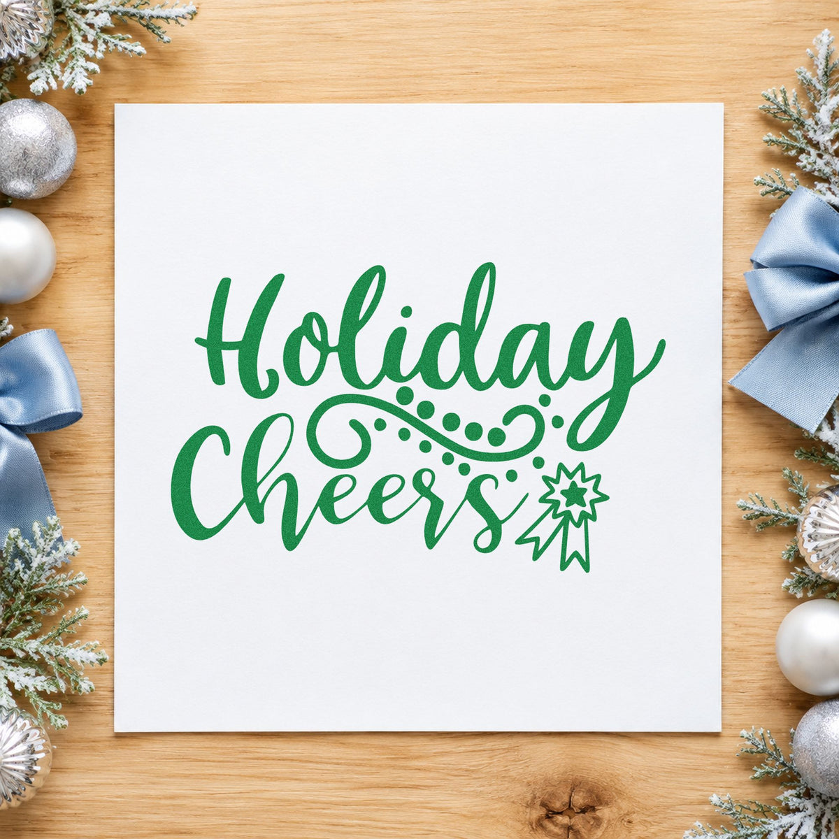 Holiday Cheers Starburst Flourish craft stamp imprint in green ink on a handmade project, one idea being simple toast tags.